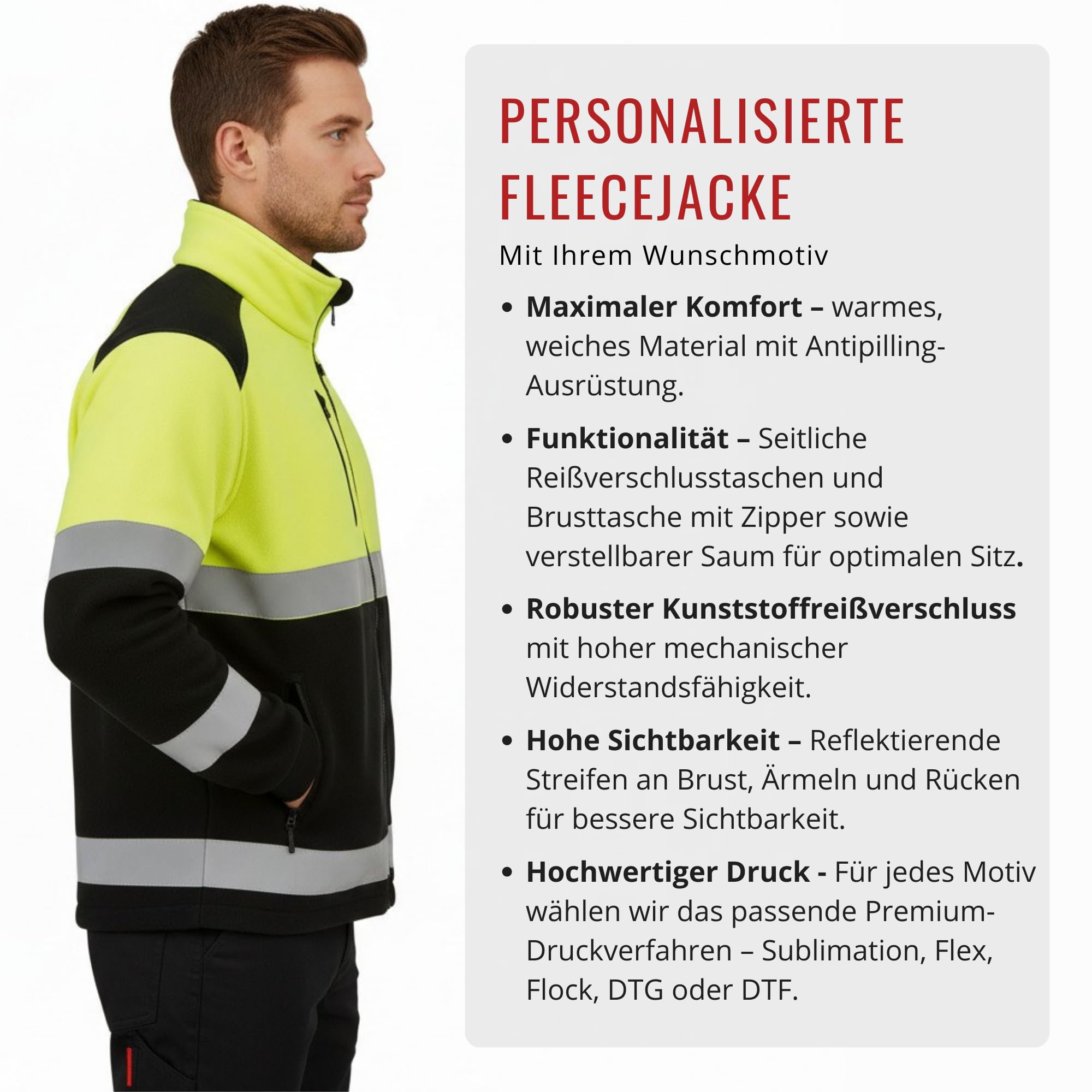 Personalisierte Warnschutz Fleecejacke Herren mit Logo, Reflektierend