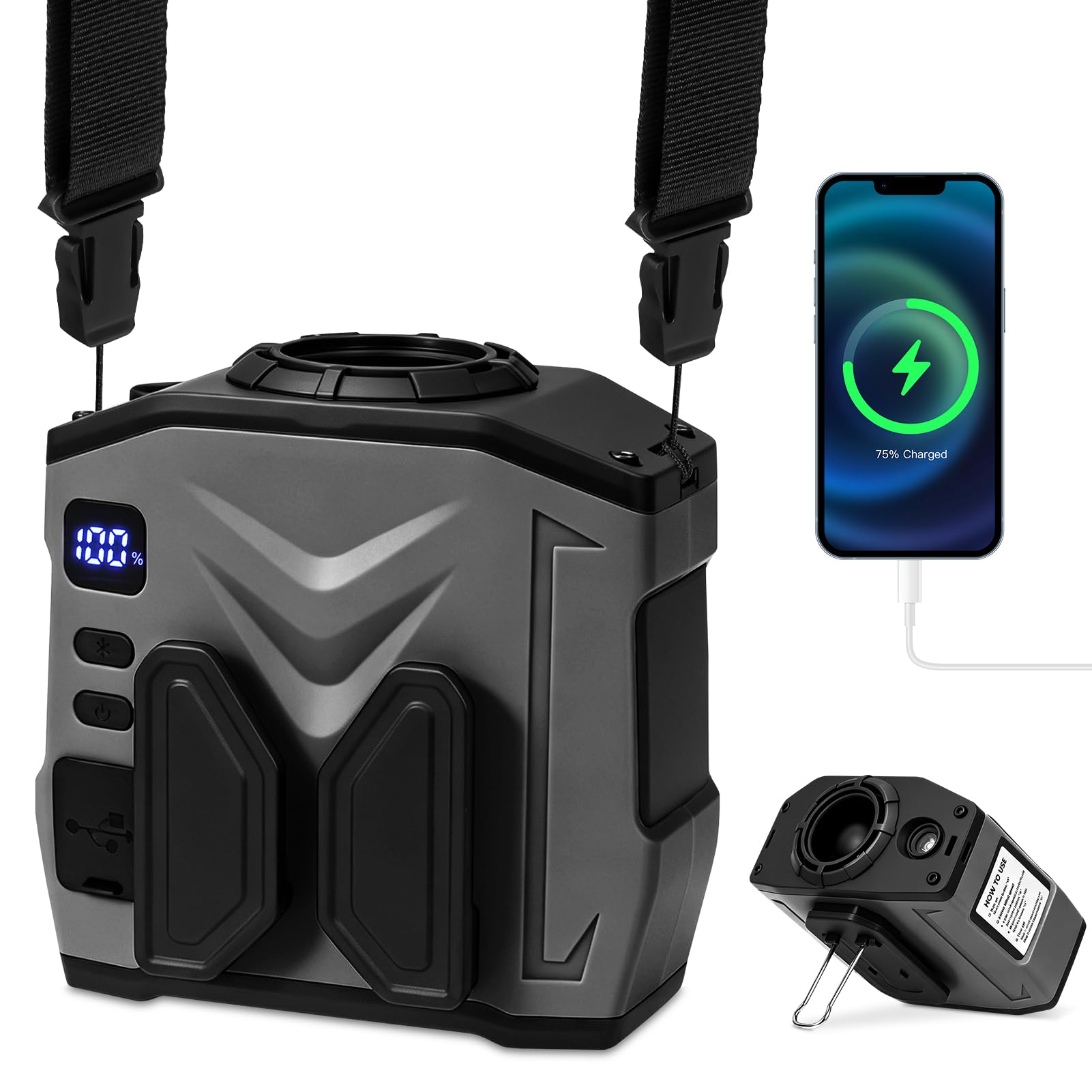 Ventilateur À Pince Pour La Taille, 10000mAh USB Rechargeable Mini Ventilateur De Cou Personnel Avec Éclairage LED, 5 Vitesses, Autonomie 30 Heures, Ventilateur De Ceinture À Clipser Pour Plein Air