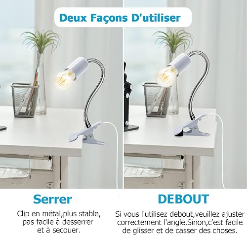 Wrpacttg Lampe E27 à Pince, Lampe de Lecture, Lampe de Chevet LED, Douille E27 avec 350MM Col de Cygne, 220CM Cable avec Interrupteur, Clip de Base en Métal, Lampe a Pince pour Lit, pour Maquillage - 6
