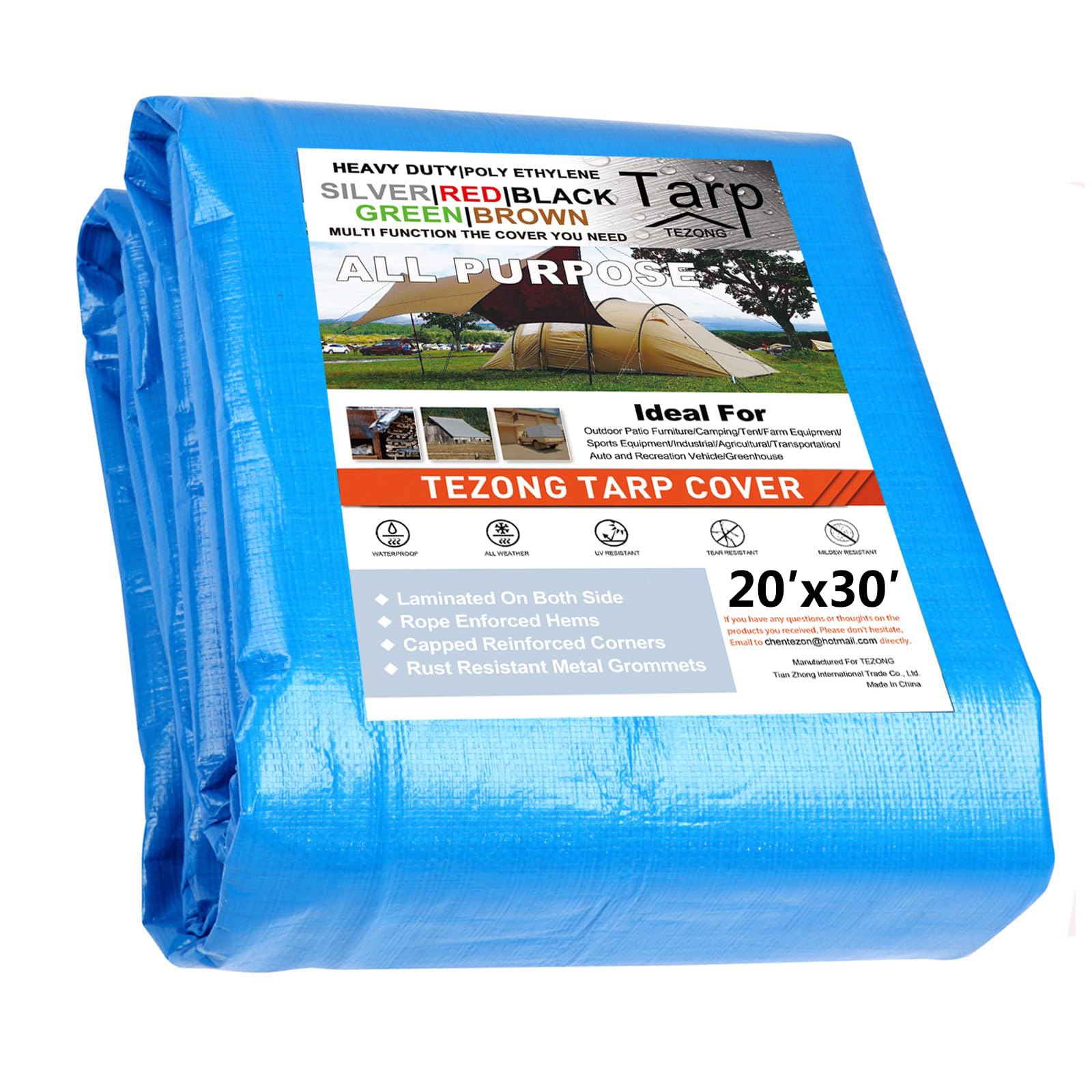 Tarp Heavy Duty Waterproof 20x30ft,TEZONG Blue Tarp Plastic Tarpaulin Outdoor Tarp Cover for Emergency Rain,Patio Furniture,Wood,Roof,Camping,Car,Pool,20Mil Thickness