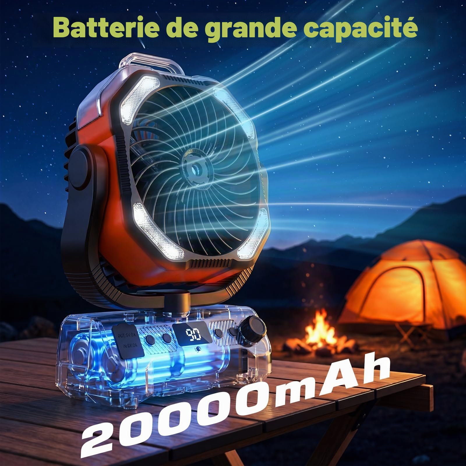 Lolleys Ventilateur Brumisateur de Camping 20000mAh, Ventilateur Portable Rechargeable avec Télécommande, Double Moteur, Crochet 360°, Vitesse Variable pour Extérieur Pêche Camping-car Plage, Orange