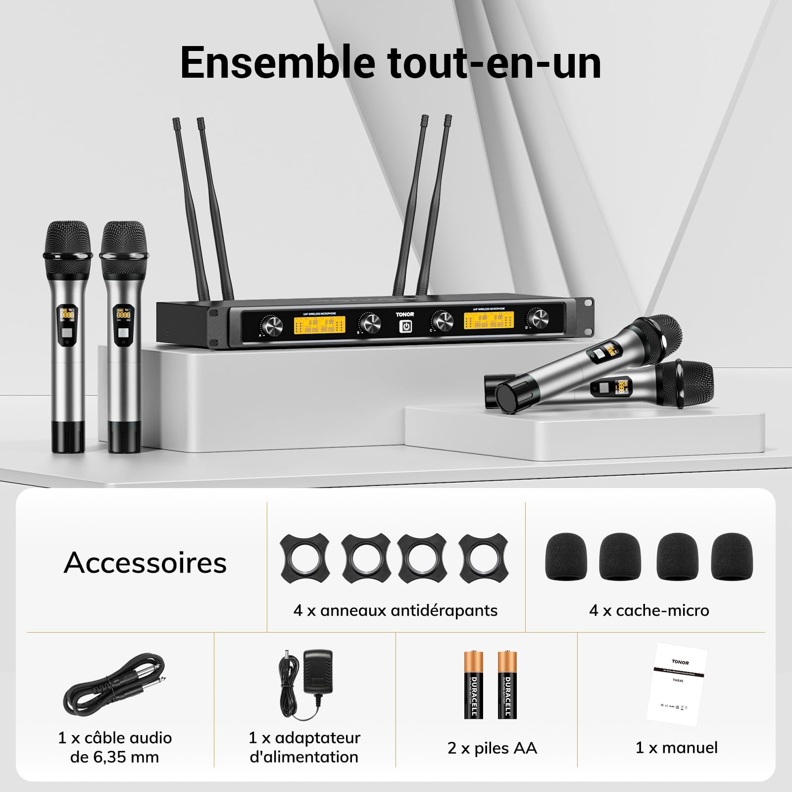 TONOR Système de Micros sans Fil avec 4x5 Canaux, Microphones à Main sans Fil en Métal, 4 Antennes pour Une Portée de 90m UHF, Signal Stable pour Le Chant, la Fête, l'église, Le Karaoké, Argent