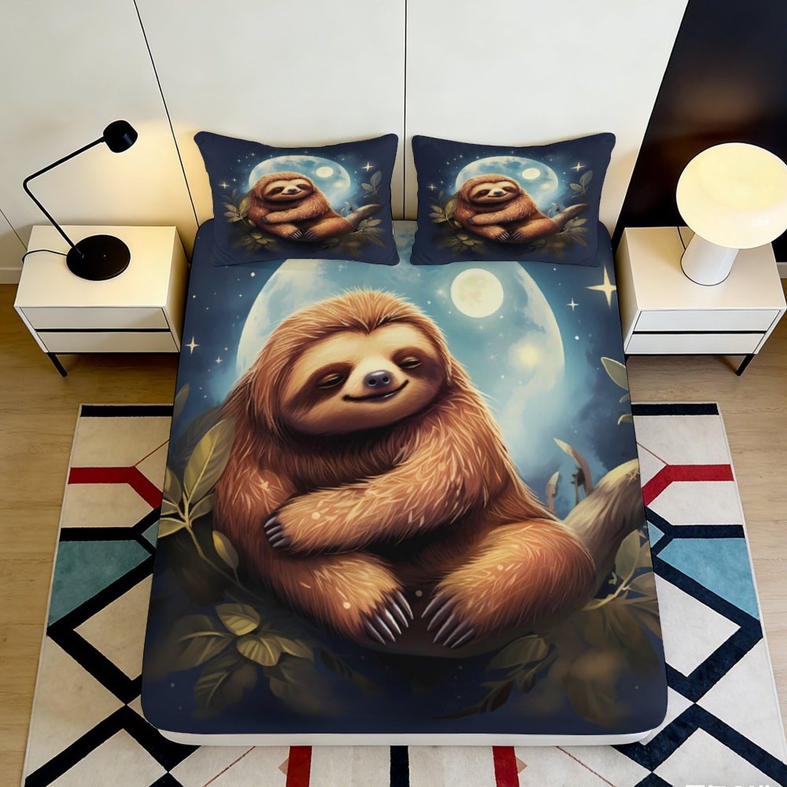3D Printed Moonlit Sloth Fitted Sheet Microfiber Soft Anti-Slip Forest Animal Bed Sheet for Bedroom Dorm Mattress Cover Decor 200x200x25cm
