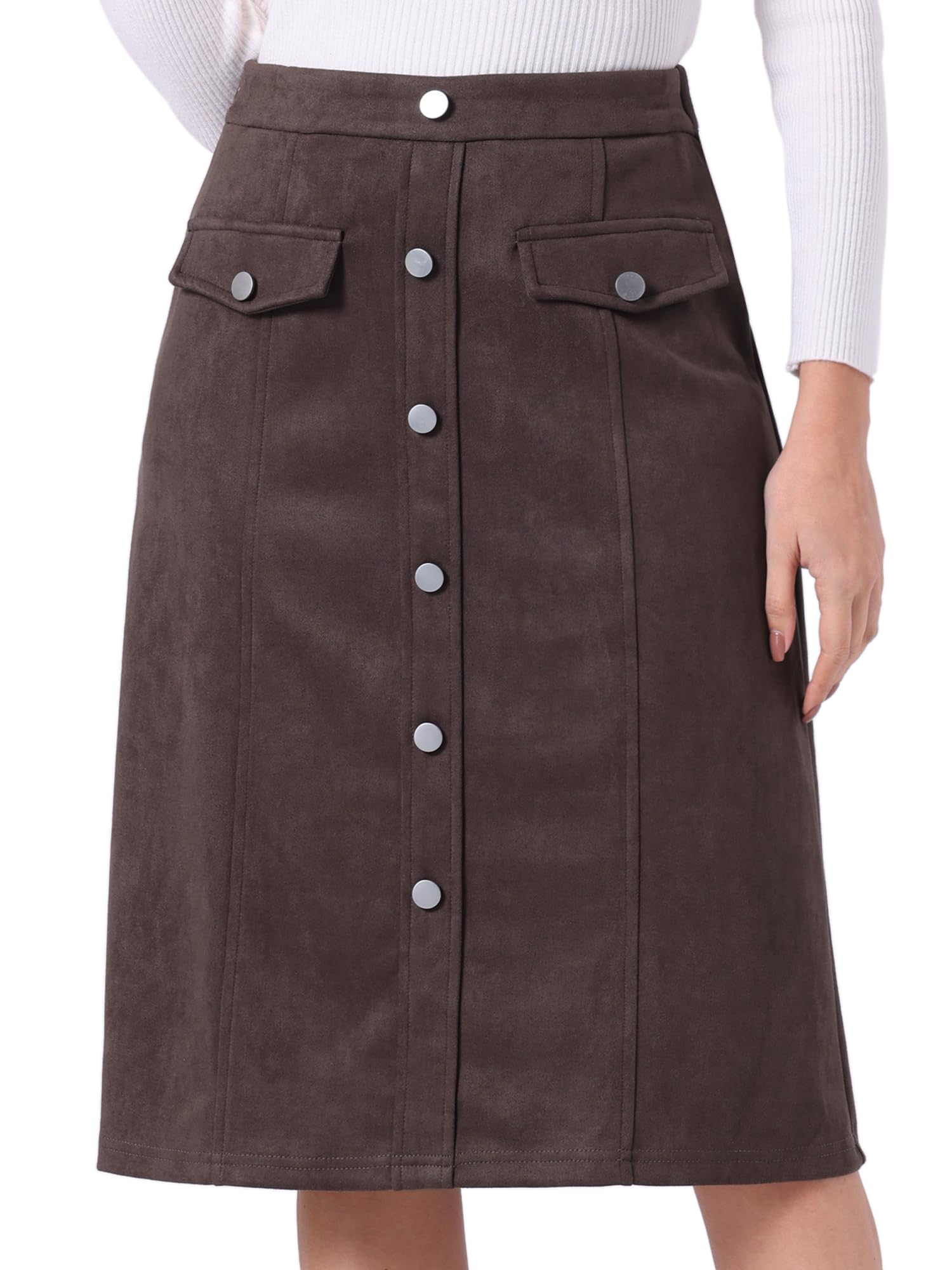 Allegra K Faux Suede Skirt for Womens Button Front High Waist 2025 Fall Knee Length A-Line Skirts