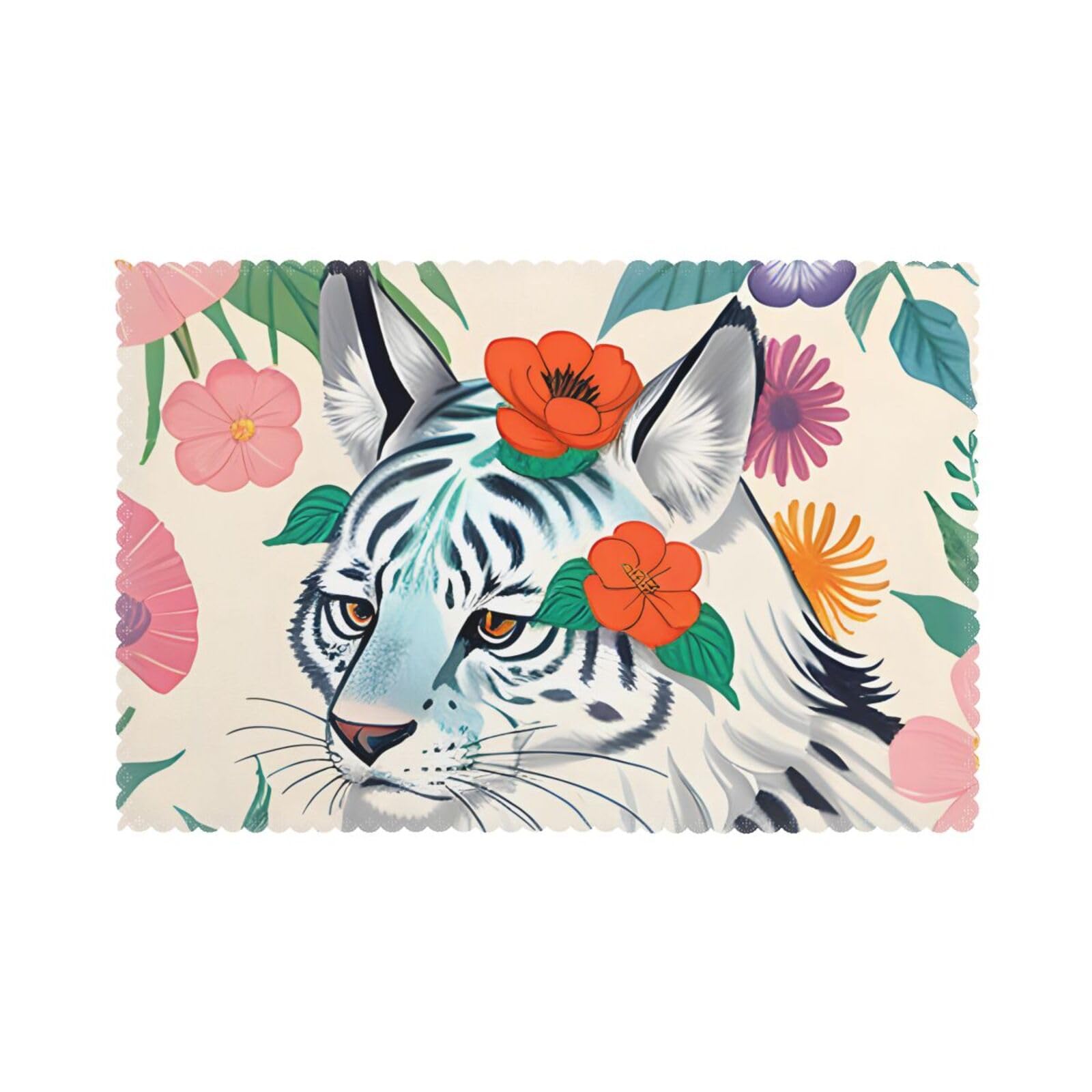 Cute white tiger Placemat set of 6, oil-proof and insulated dining table placemats, washable and wipeable.