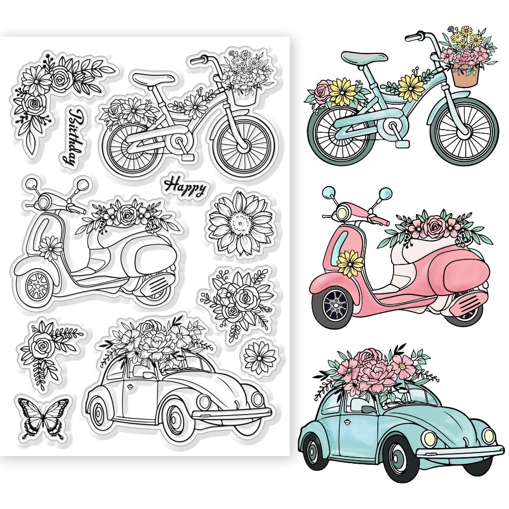 GLOBLELAND Set 2 Tampons Silicone + Matrices Métal – Motif Moto Vélo Voiture & Fleurs (Roses, Tournesols, Marguerites)