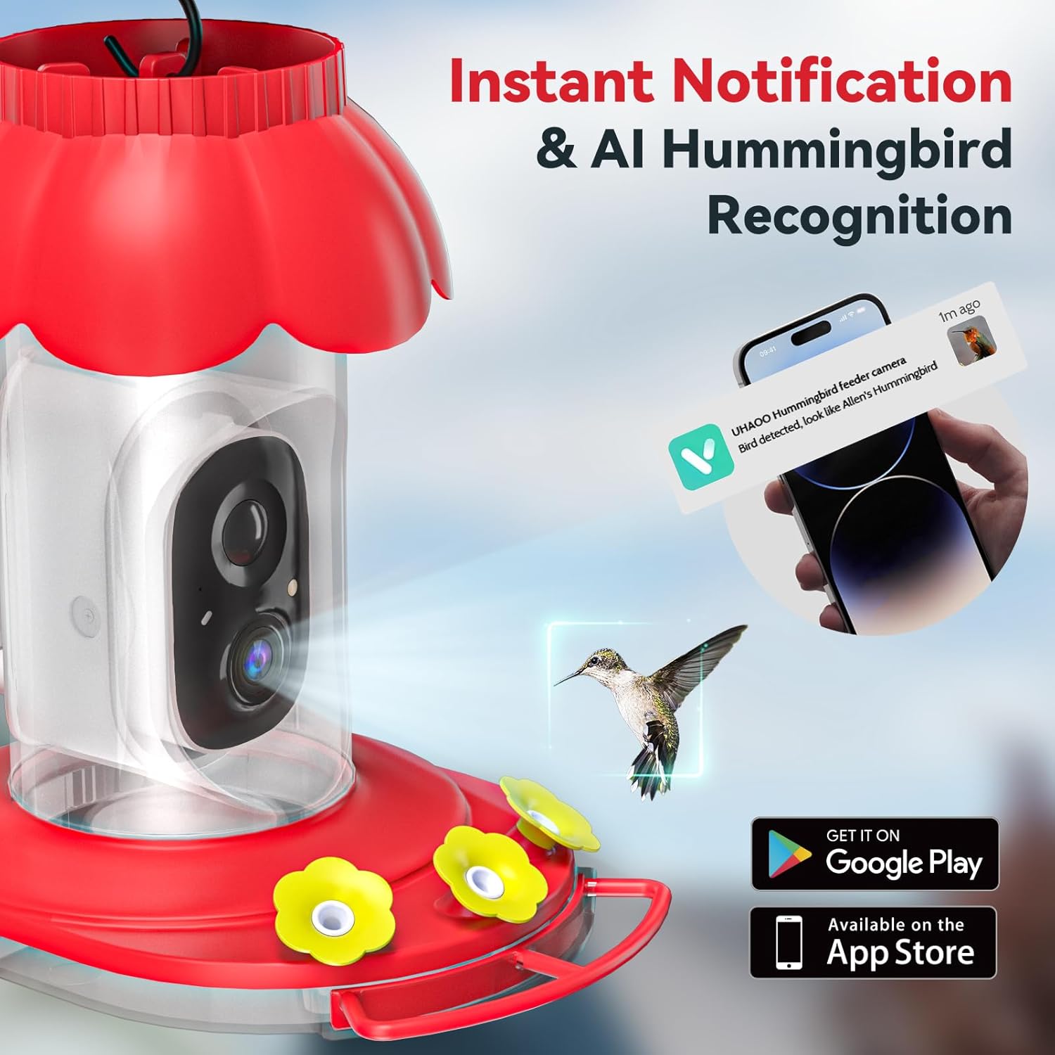 Upgrated Solar Hummingbird Feeder with Camera for Outdoors, Instant Notifications, AI Identify Bird Species, Double Ant Moat, Bee Proof, 3 Feeding Ports Hummingbird Feeders for Garden, Yard - Image 3