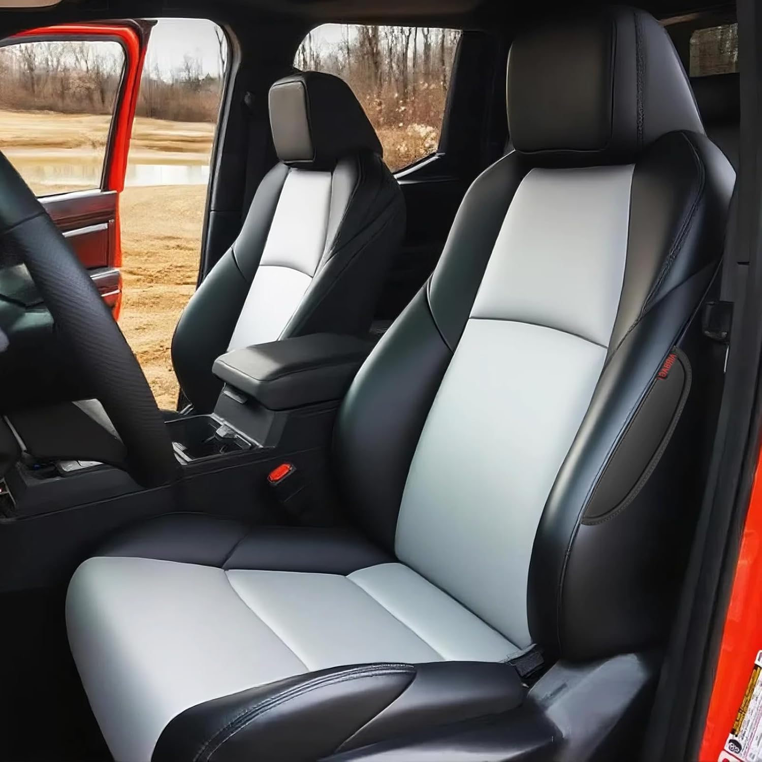 HKZ Custom Fit Tacoma Car Seat Covers for Toyota Tacoma (Petrol) 2024 2025 2026 Double Cab (Non-Hybrid) SR,SR5,TRD Sport,TRD Off-Road,Limited - 5-Seats Full Set,Leather(Black+Grey)