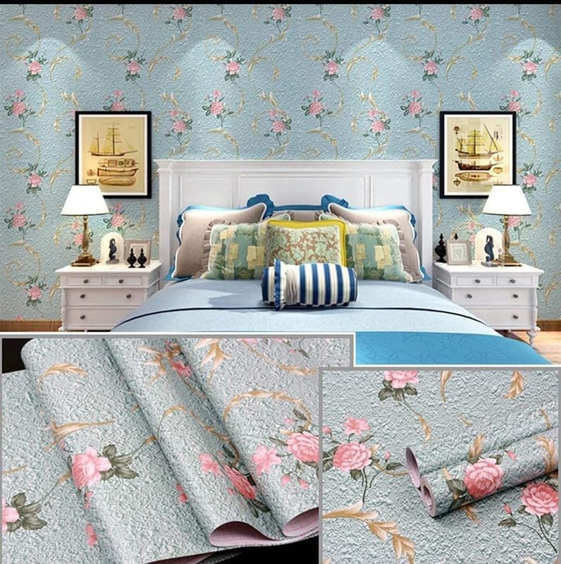 Image of Green Floral Peel and Stick Wallpaper Elegant Lillies Bedroom LIVINGROOM PVC SELF Adhesive Wallpaper 200 * 45CM-9SQFT (Blue Floral)