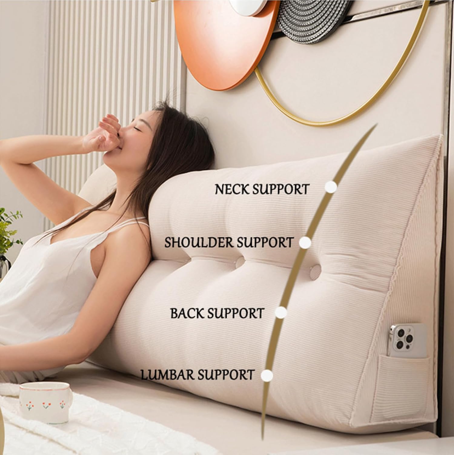 Headboard Pillow Triangular Reading Bed, Queen Triangle Wedge Headboard Pillow, Support Upholstered Bolster Cushion, Backrest Bolster Pillows for Dorm,E,60cm