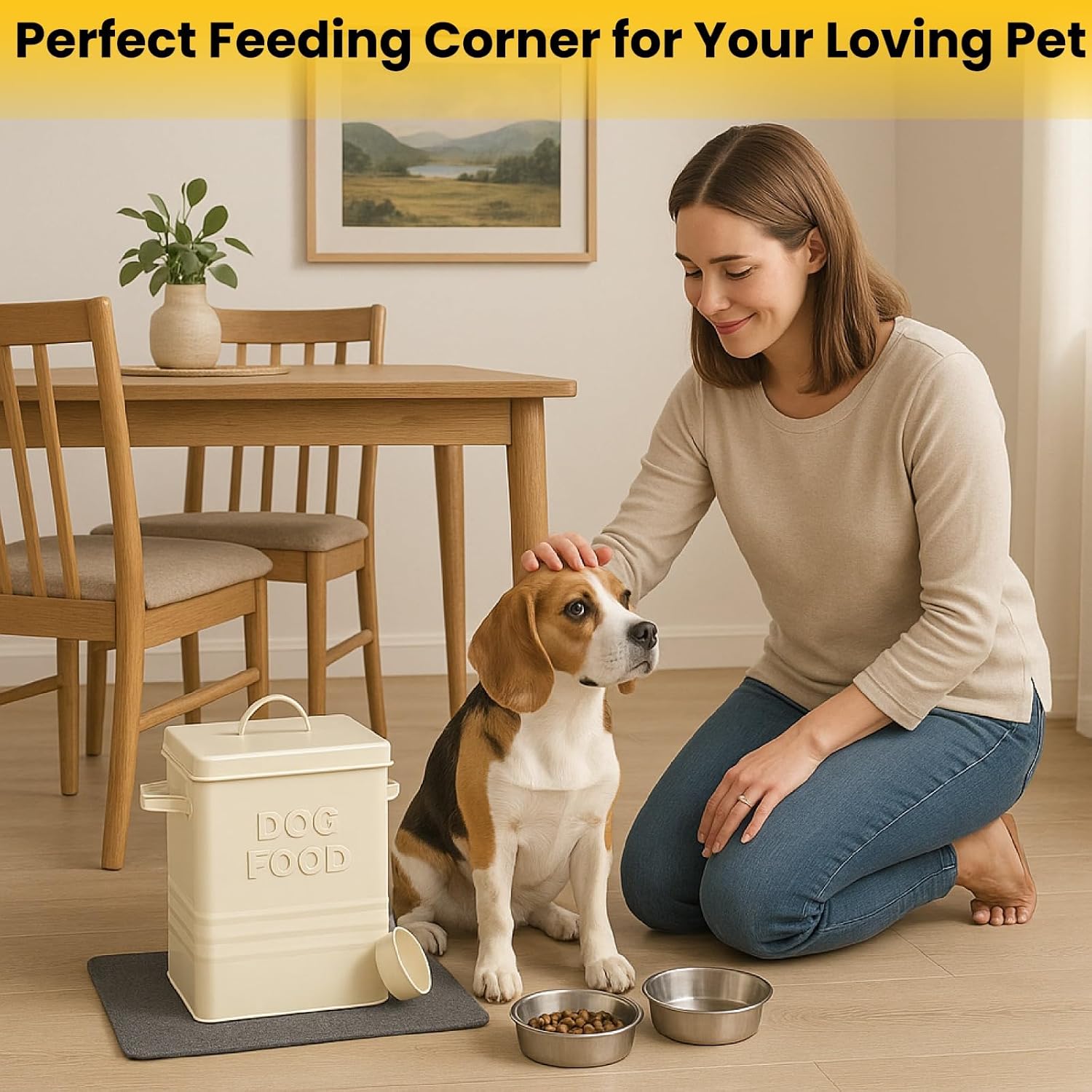 HOMION Metal dog food tin pets food storage box container canister lid with scoop (Cream)