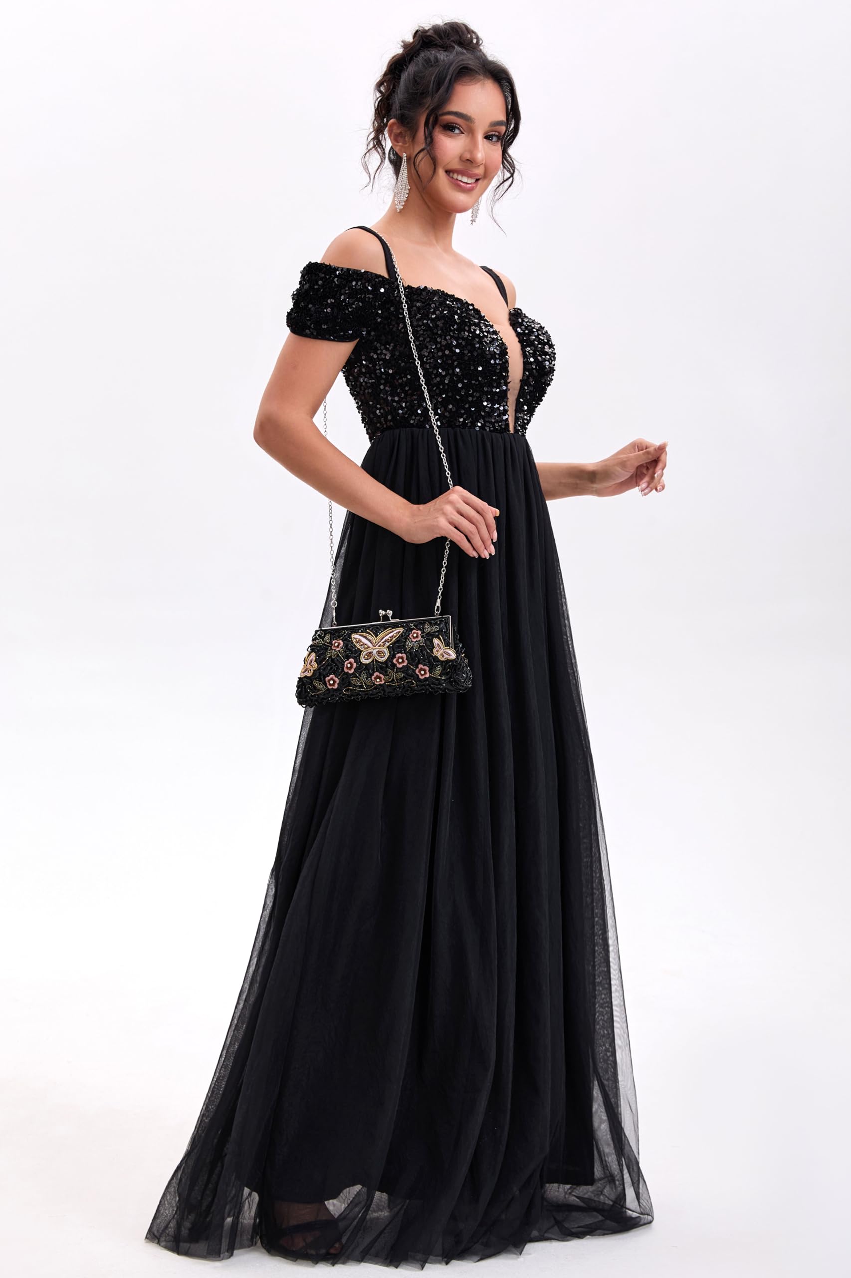 Elegante bolso de noche vintage con cuentas florales y mariposas para mujer, para novias, bailes, fiestas y formales, Negro -, Mini