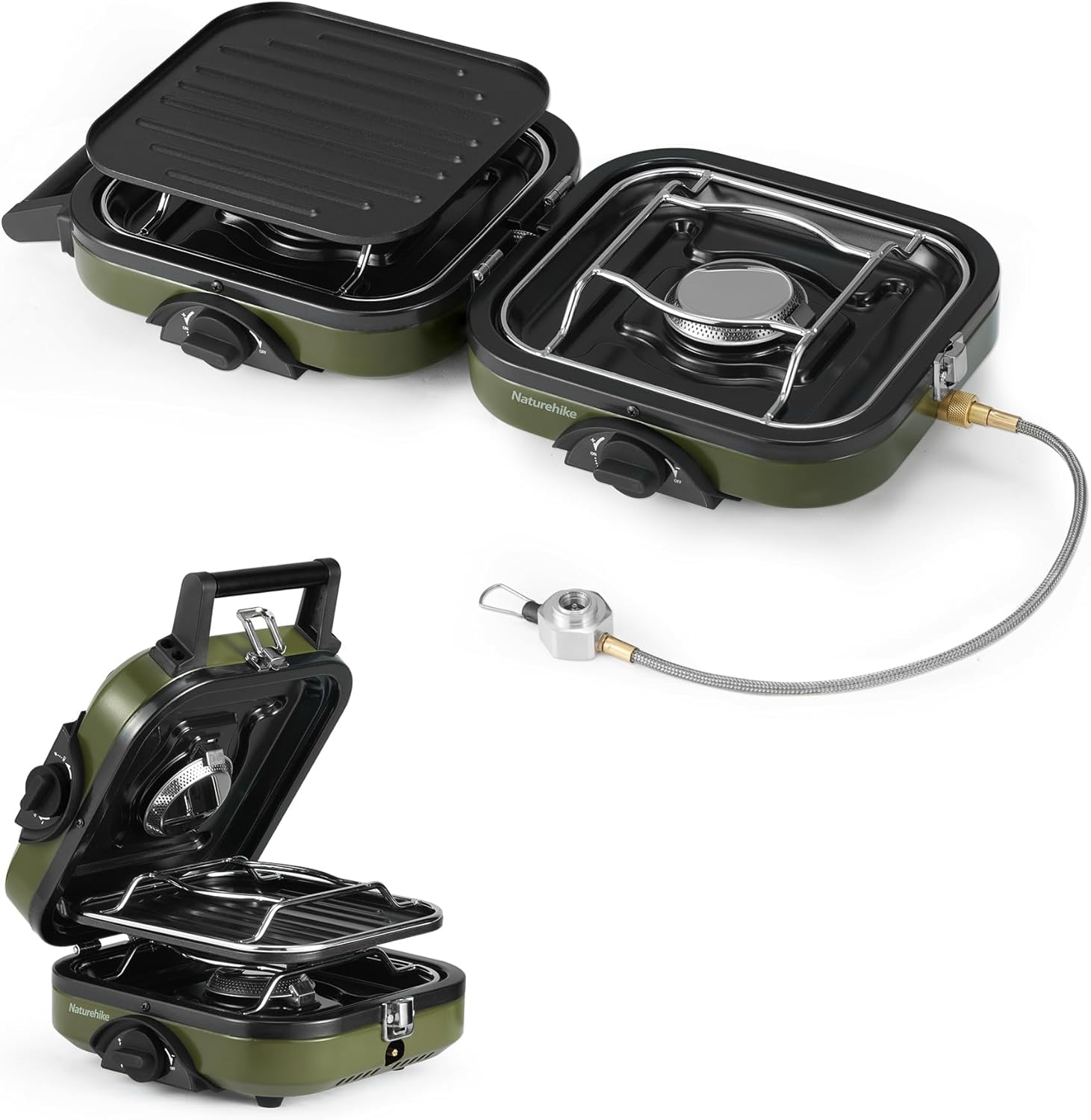 Naturehike Fornello a gas da campeggio a 2 luci, fornello a gas pieghevole con piastra grill, bruciatore 2 in 1, portatile per campeggio, accensione piezoelettrica, compatibile con isobutano, ideale