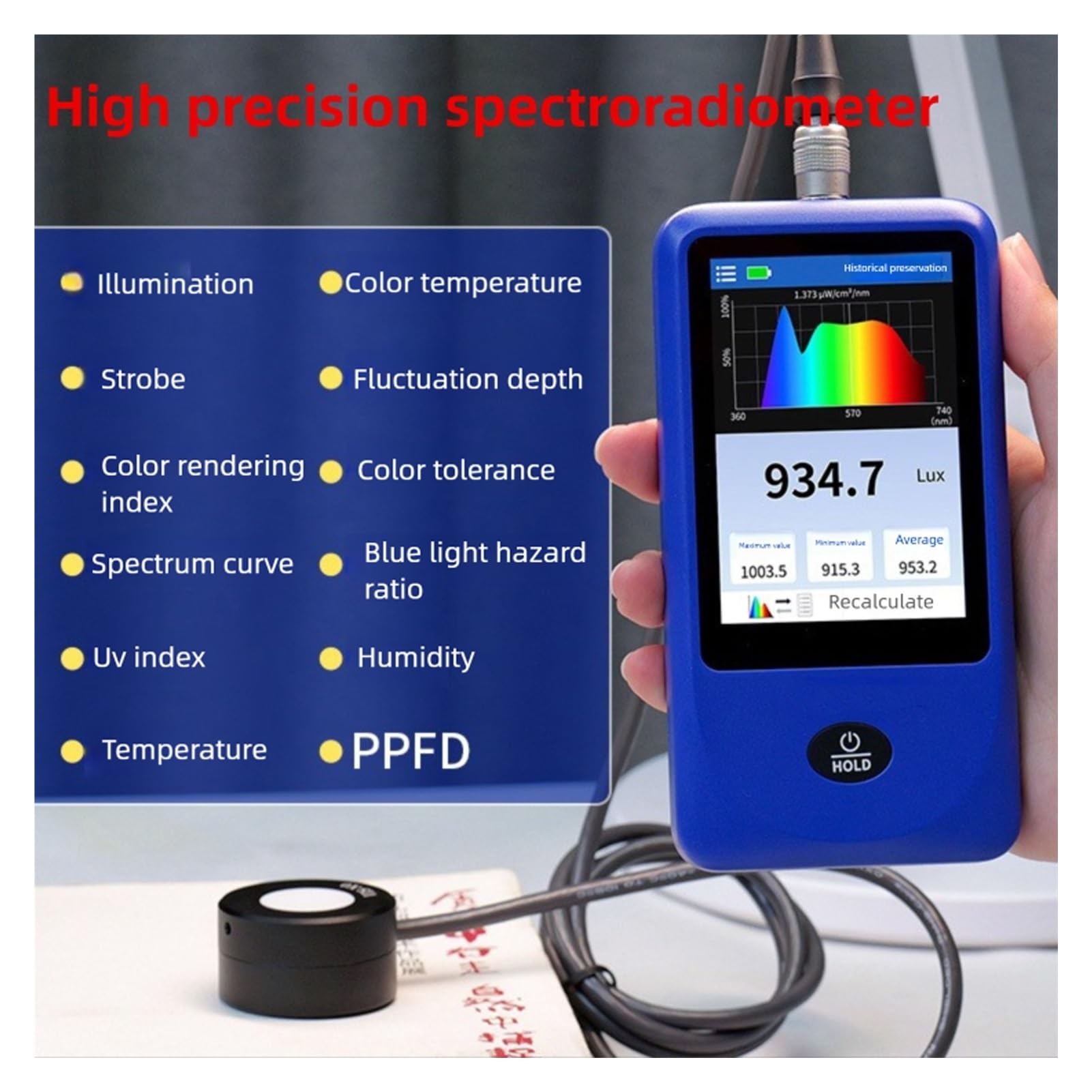 Espectrofotómetro, Medidor De Espectro Luz, Espectrómetro Portátil, Iluminómetro, Pantalla Curva, Medida Rango 1 Millón Lx, Iluminancia Espectral