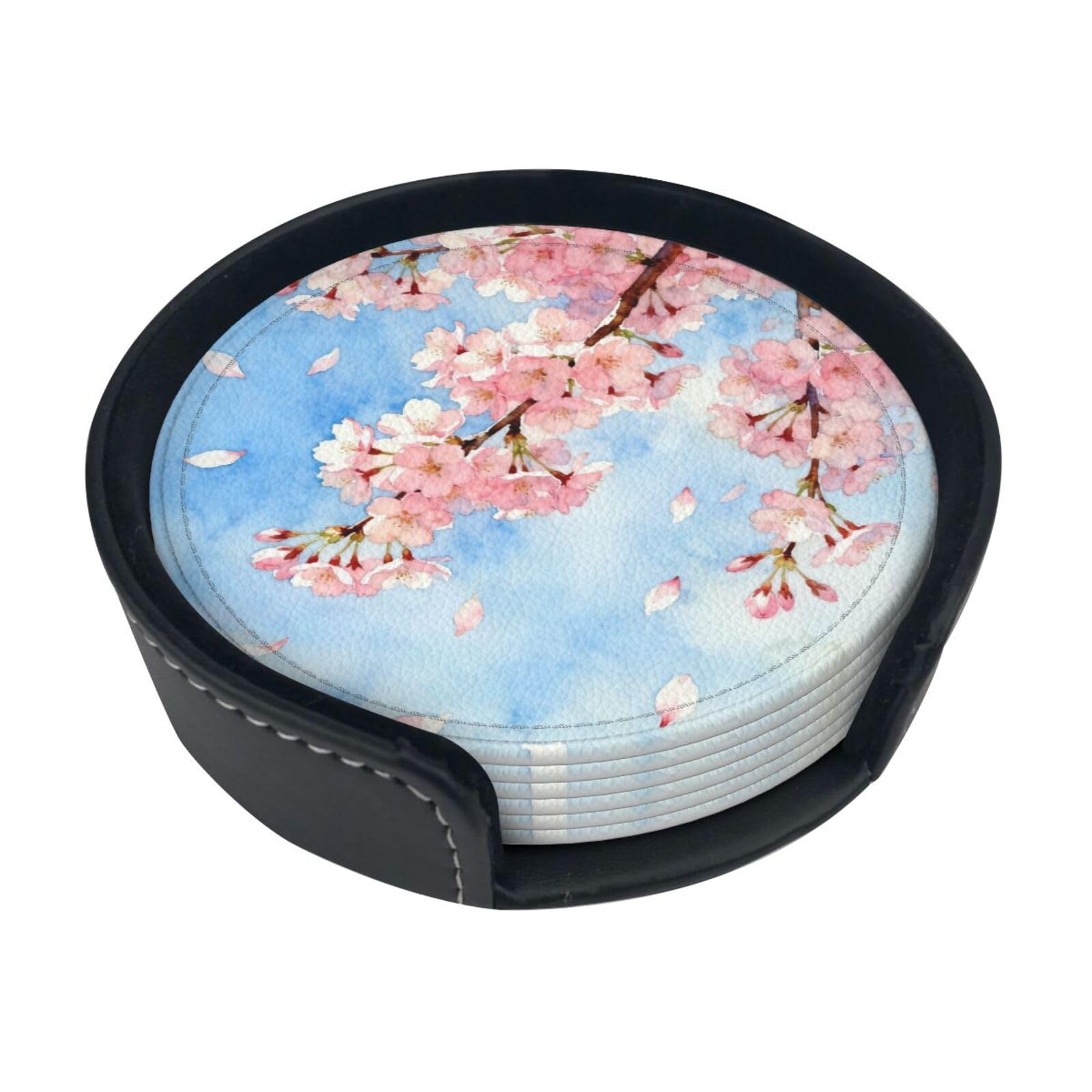 Cntdbu White Spring Cherry Bloom Leather Coasters Set Of 6-Pu Leather Drink Mats For Table, Heat Resistant Round Coasters With Holder