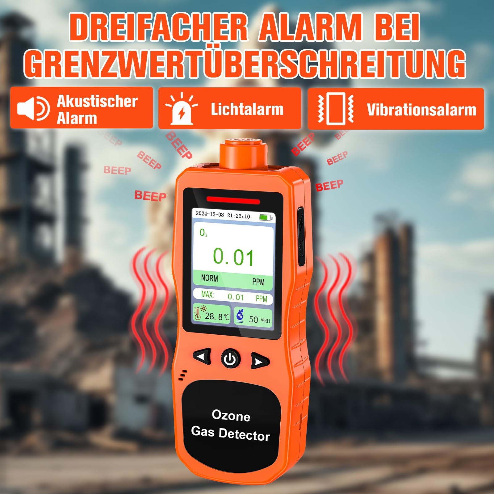 Tragbarer Ozondetektor, 0-20PPM Ozonmessgerät mit 0,01 PPM hoher Auflösung, Ozonanalysator mit Alarmfunktion, O3 Luftqualitätsmessgerät mit Temperatur und Feuchtigkeitsprüfer, Orange