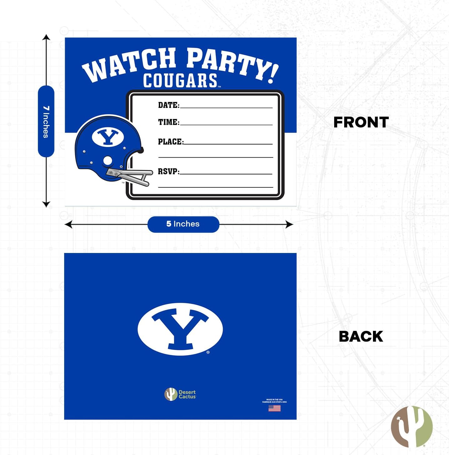 Desert Cactus Brigham Young University Party Invitation Cougars BYU Cougs 5x7 Invites Cards Celebration 10 Count With Envelopes (Football Watch Party)