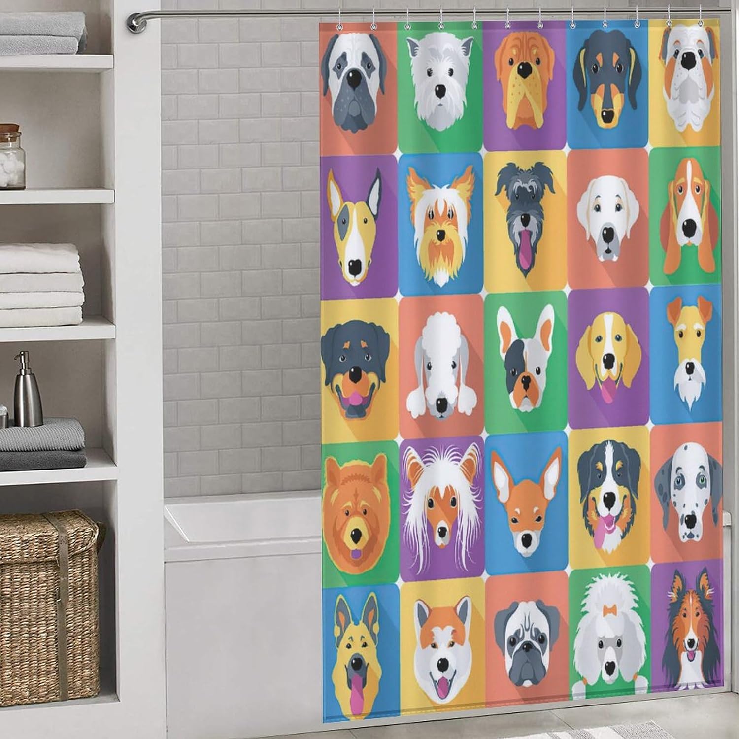 Cartoon Dog Shower Curtain, Dog Breeds Profiles Pets Animals Shower Curtain Sets for Bathroom Fabric Bath Curtain 12 Hook 55x72Inch（140x183cm）