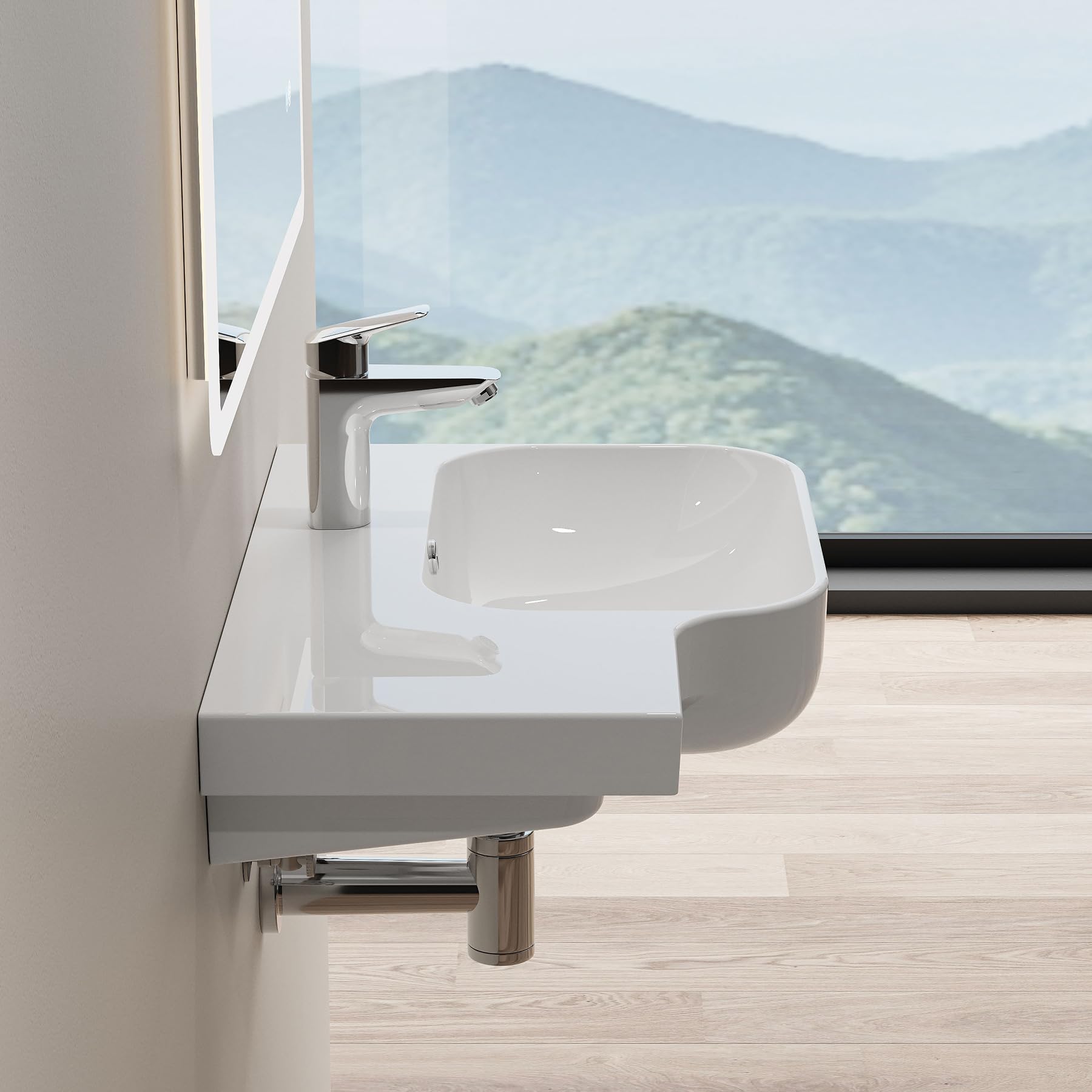 HOROW Waschbecken Bad Wandmontage mit Ablage 72x45 cm | Modernes Keramik Hängewaschbecken Waschtisch Bad für Badezimmer, Gäste WC & Garten, leicht zu reinigen
