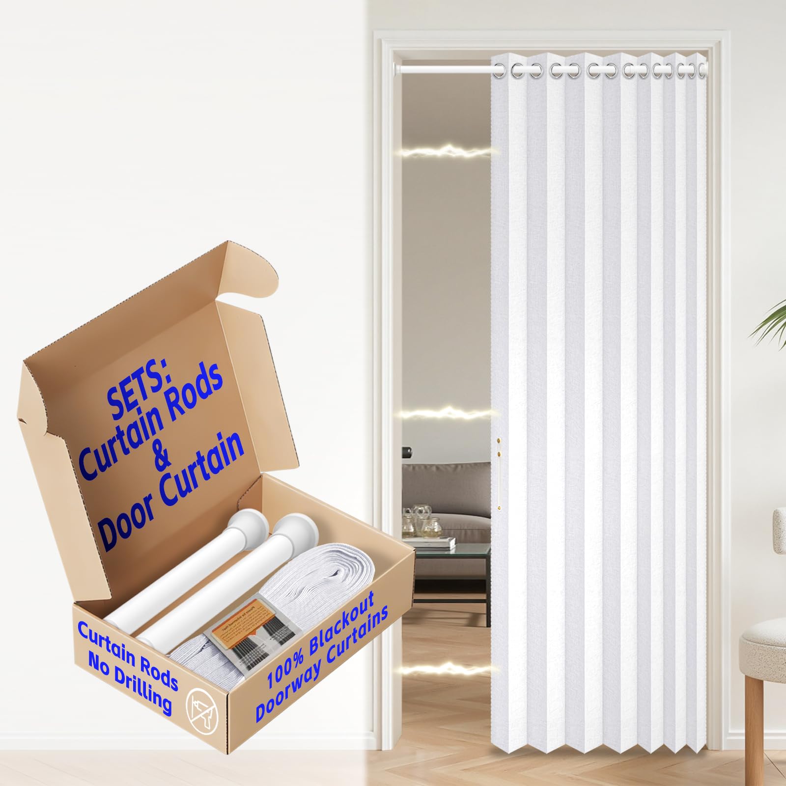AJAZZ 100% Blackout Magnetic Door Curtain Patio Door Curtain Invisible for Bedroom Living Room Accordion Doorway Curtain Sets Included Rod, 1Pack, W45 x L80 Inch, White