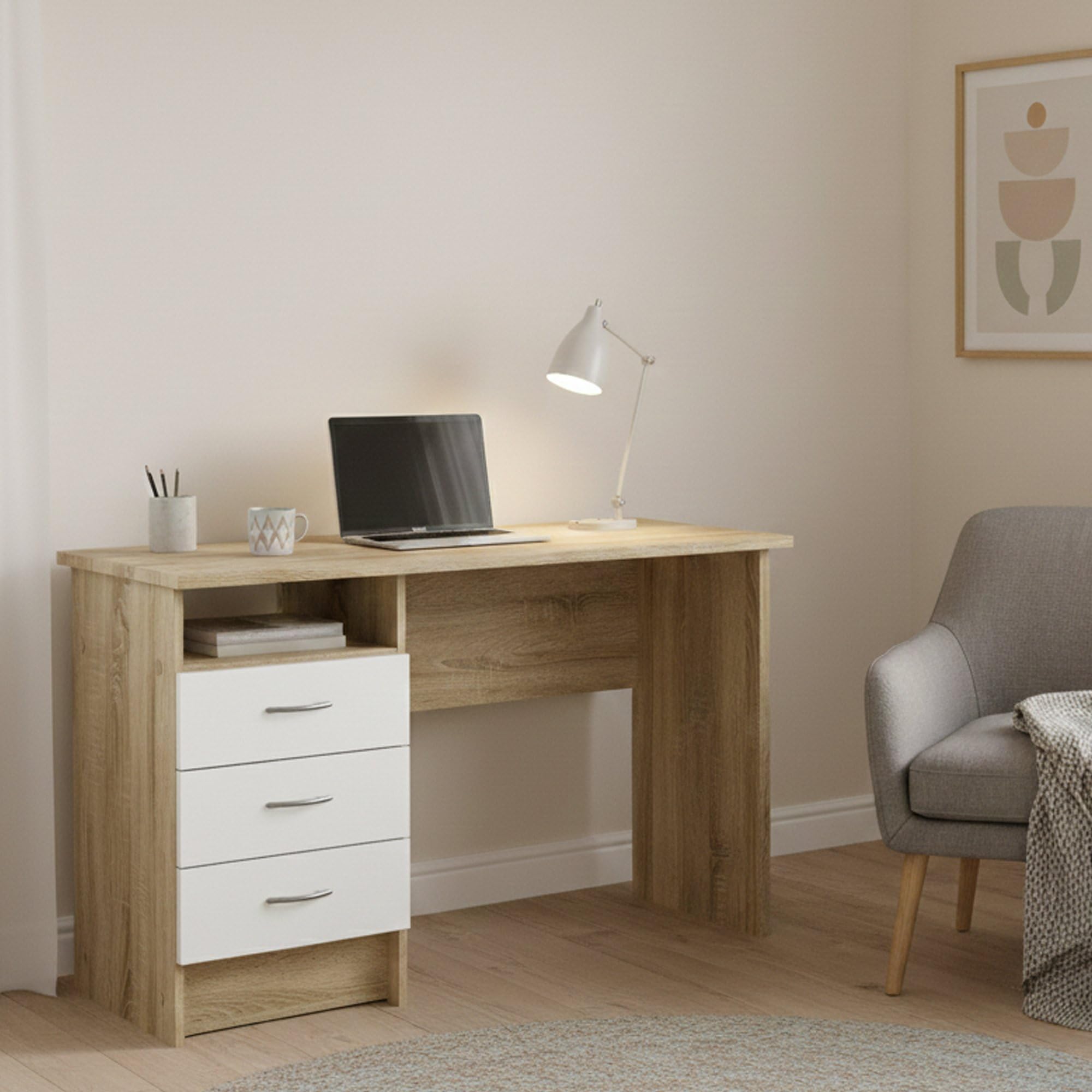 alt testo: scrivere con comodo su questo tavolo da lavoro in legno di quercia con spazio per PC e area di lavoro ampia