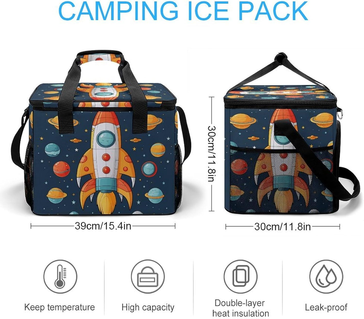 Large Capacity Oxford Cloth Rocket Clipart Space Ship Printed Camping Ice Bag, Outdoor Portable Insulation and Cooling Bag, Suitable for Outdoor Camping and Picnics