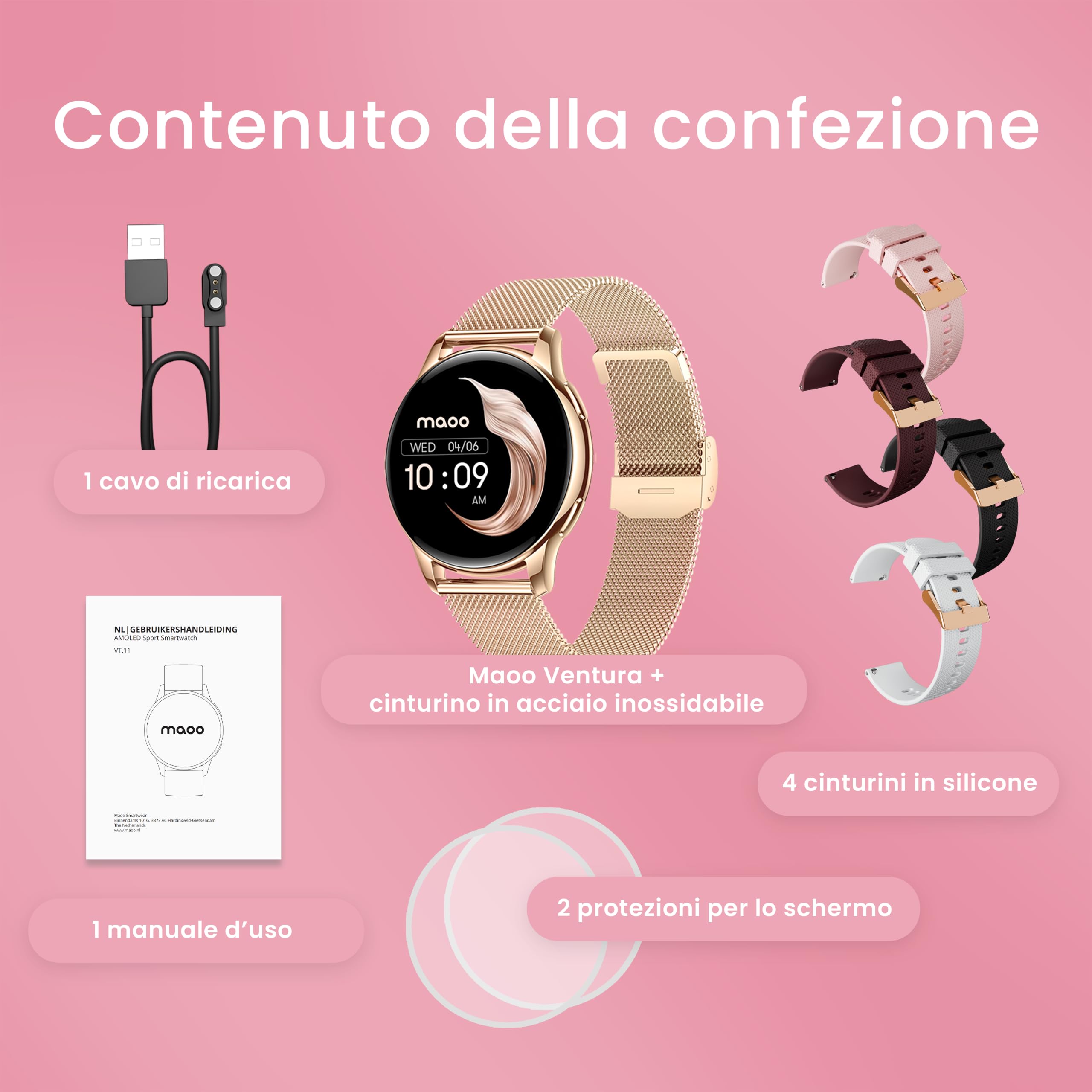 Maoo Ventura Smartwatch Donna con Chiamate, Display AMOLED 1,32”, Cardiofrequenzimetro, SpO₂, Pressione Sanguigna, 100+ Modalità Sportive, IP67, 5 Cinturini, Oro Rosa