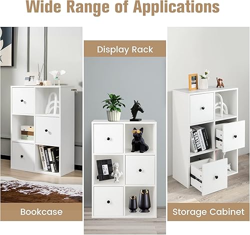 Miniatura 9 de LOKO Estantería de 6 cubos con cajones, estantería de madera moderna de 3 niveles con dispositivo anticaída, organizador de almacenamiento multiusos