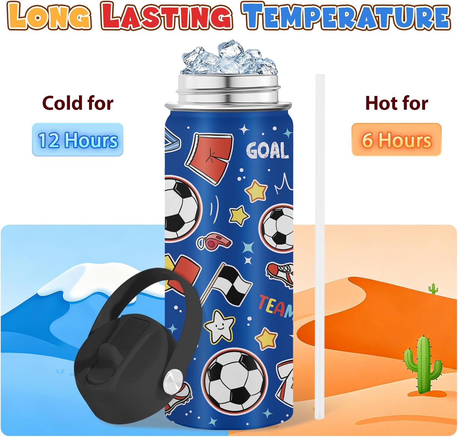 Soccer Gifts for Kids - 18 Oz Kids Water Bottle with Straw Lid, Stainless Steel Insulated Tumbler, Leak Proof, BPA-Free, for Girls, School, Travel - Soccer Lovers Children Birthday Gifts Cups(1pc) - Image 3