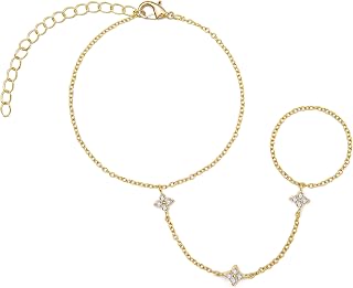 Nackiy 14K Gold Plated Hand Chain Bracelet with Ring - Dainty Cubic Zirconia Finger Cuff, Adjustable Body Jewelry for Women