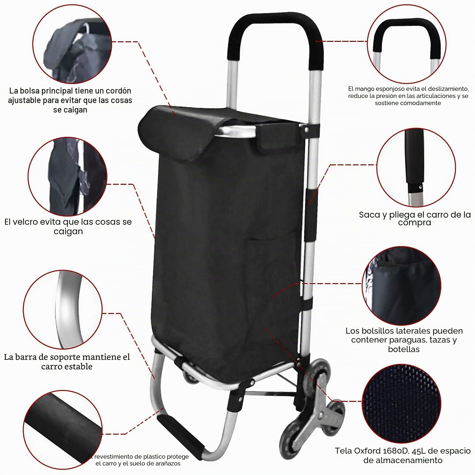 Carro de la compra plegable 3 en 1, carro de la compra para escalera, carrito de compras plegable con bolsa de lona impermeable extraíble y ruedas para escalera, carrito multiusos portátil