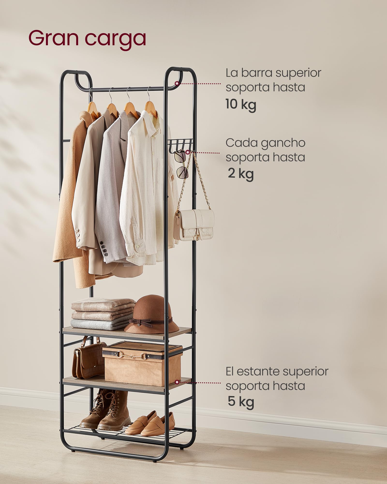 VASAGLE Perchero, Perchero con Zapatero, Estantes de Almacenamiento, Vestíbulo, Dormitorio, 58 x 28 x 181 cm, Estilo Escandinavo, Negro Tinta y Marrón Camello HSR081K01