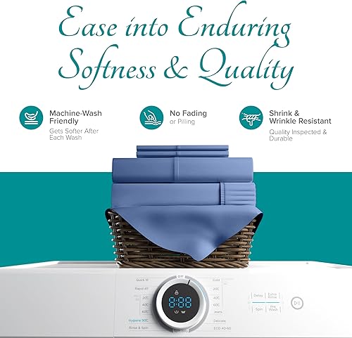 Miniatura 8 de Carressa Linen Sábanas de algodón egipcio de 800 hilos, 4 piezas, color azul marino, tamaño matrimonial, para personas que duermen con calor, suave,