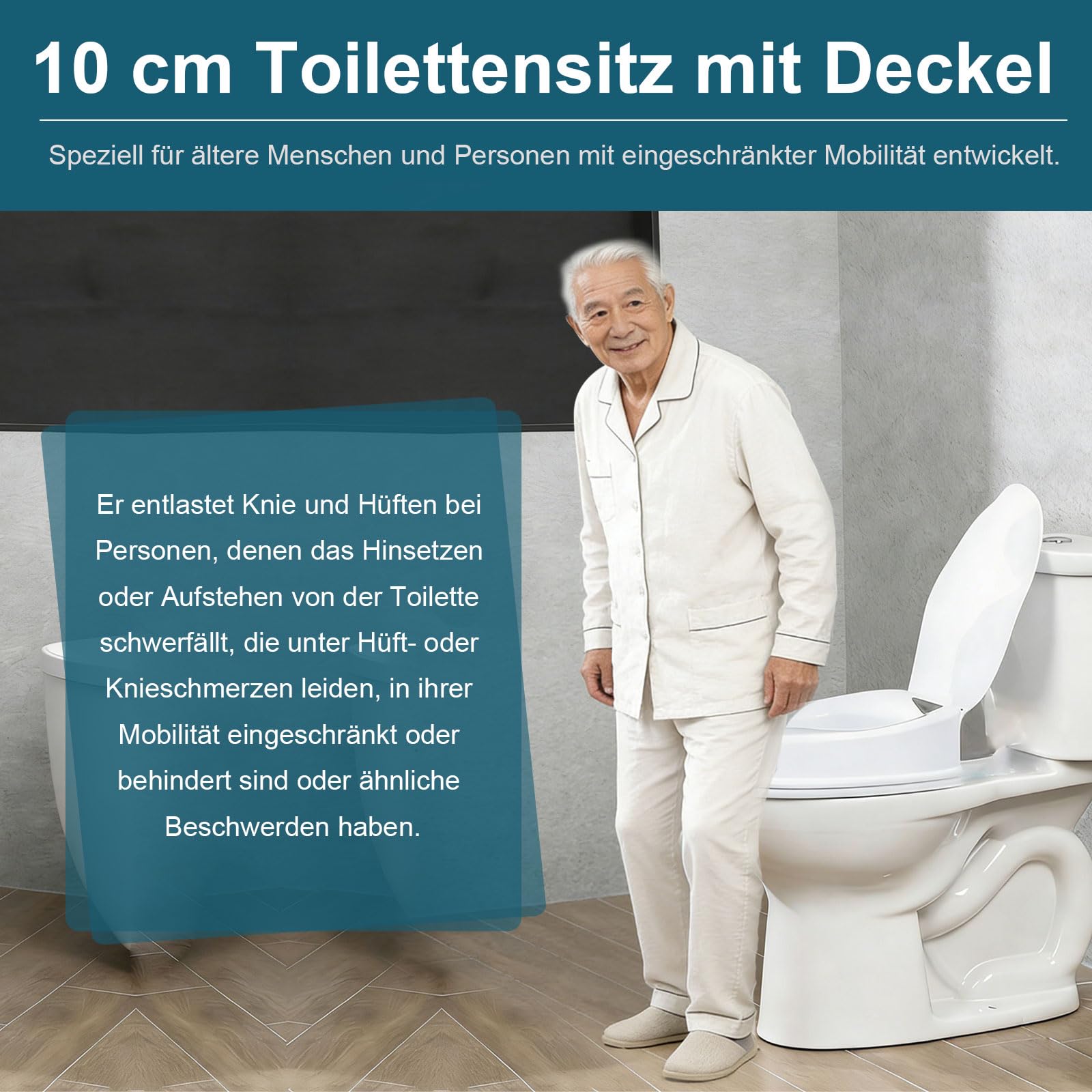 Rialzo per WC con coperchio, 10 cm, sedile WC rialzato, comodo per anziani, carico 200 kg, bianco