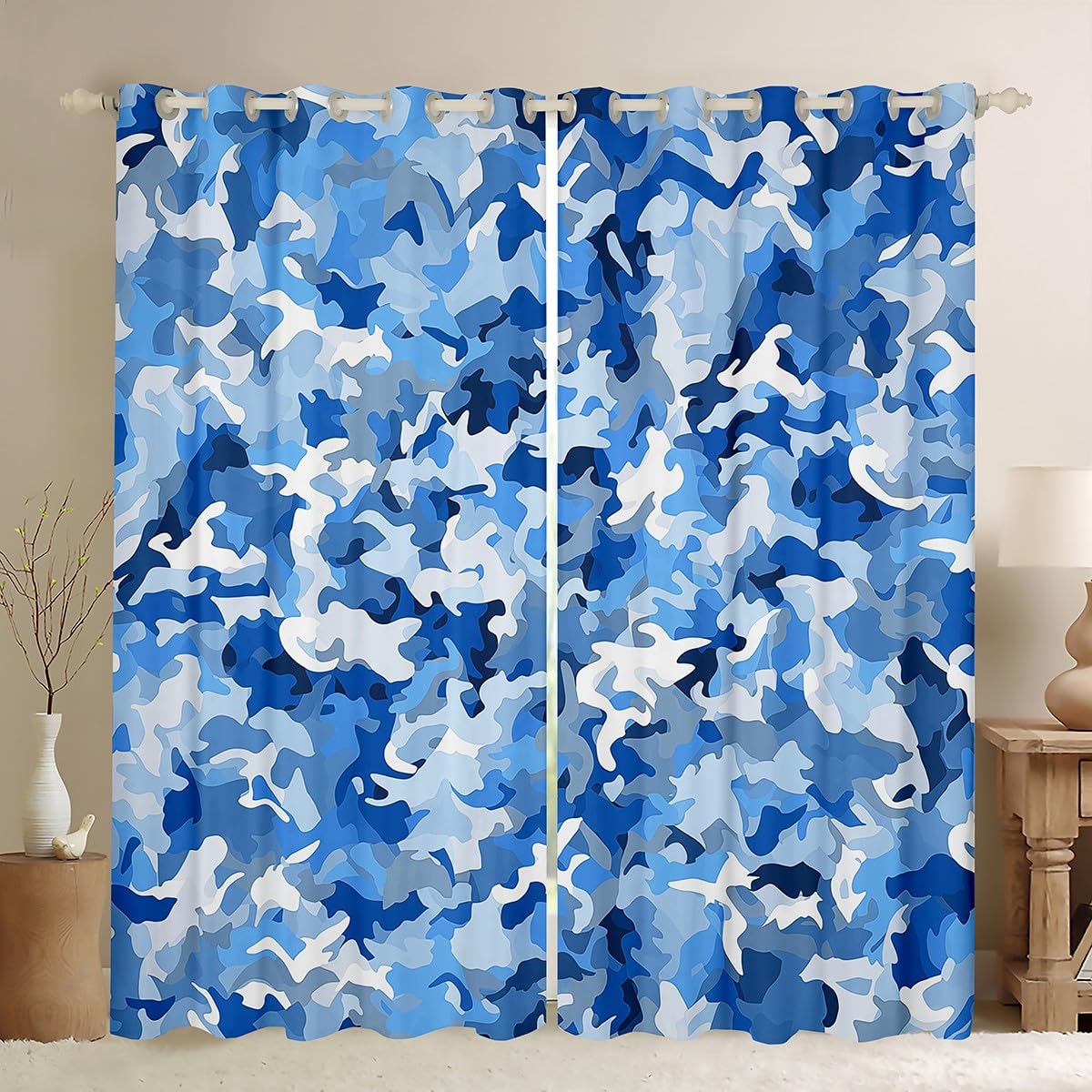 Homemissing Camouflage Window Drapes Treatments Army Camouflage Curtains for Kids Boys Man Navy Blue Window Drapes Black Blue White Window Treatments, W46*L72,2 Panels
