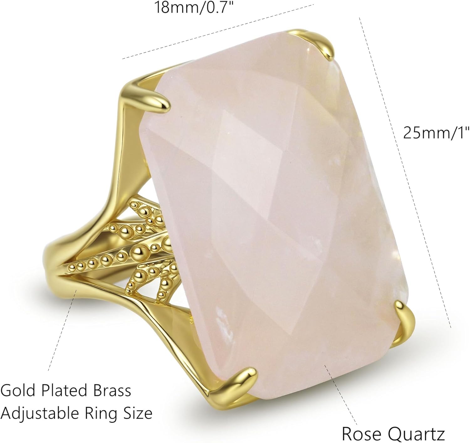 Rose Quartz Ring, Natural Rectangle Crystal Rings, Gold Plated Big Stone Jewelry Size 18 * 25MM Adjustable Rings for Women - Image 7