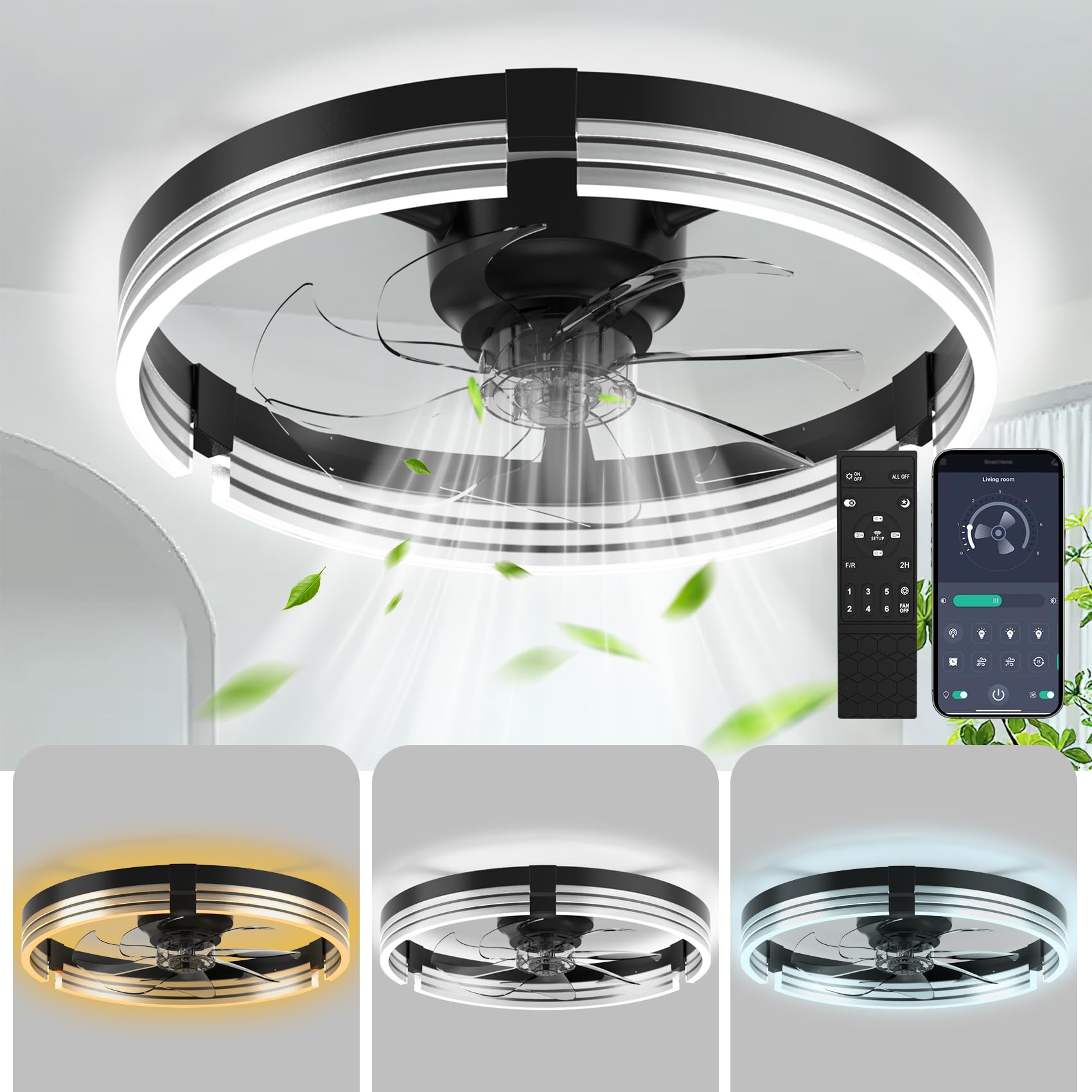 Moderner LED Deckenventilator mit Beleuchtung und Fernbedienung, 50cm, 6 Geschwindigkeiten dimmbar 3000-6500K, leise, Schwarz