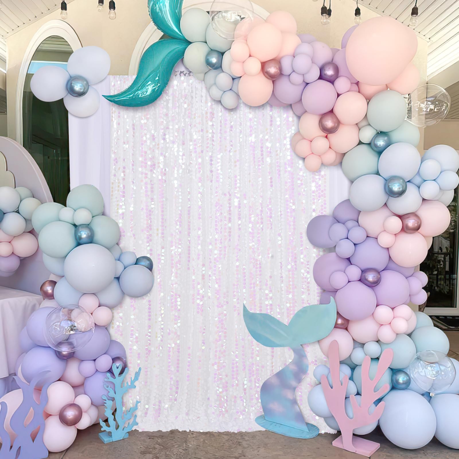 Glitter Backdrop Curtains 4ftx8ft White Iridescent Sequin Drapes Panels Mermaids Party Undersea World Party Wall Decorations Background Fabric