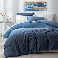 Vista 4 de Juego de funda de edredón de 100 % algodón, tamaño King, color azul océano reversible con cierre de botón, juego de ropa de cama azul marino
