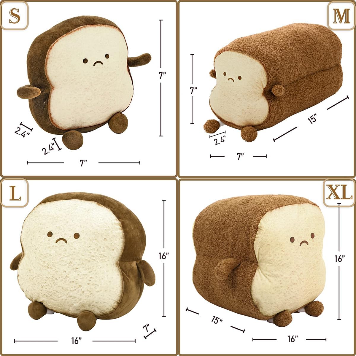 DENTRUN Toast Plush Pillow, Stuffed Bread Shape, Soft Toast Bread Food Plushies, Fun Sofa Cushion, Stuffed Doll Toy for Kids, Adults Gift, Home Bed Room Decor, 15"