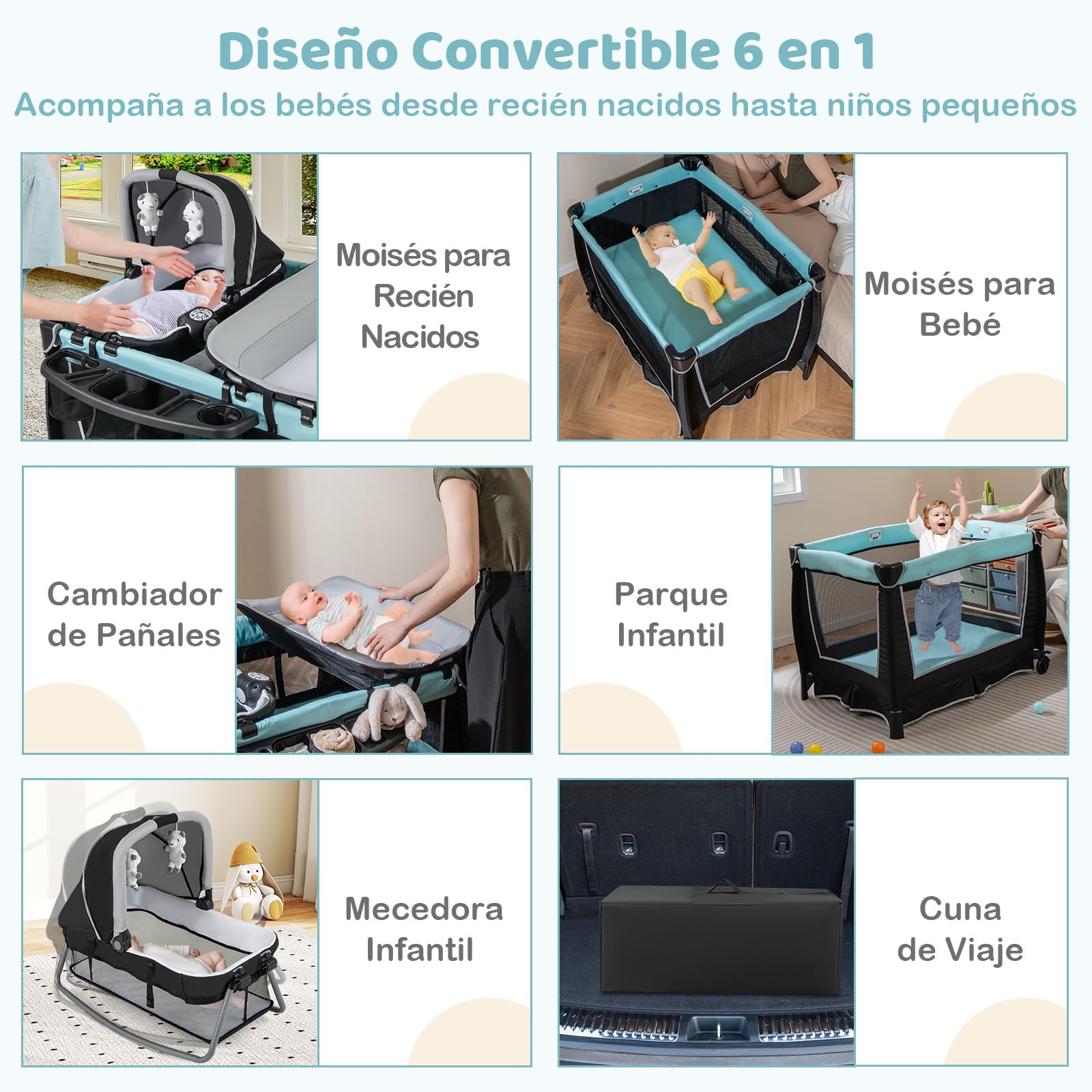 COSTWAY Cuna bebe 6 en 1, Centro de Cuidado para Bebés, Parque de Juegos Portátil para Bebés con Moisés Cambiador, Dosel Ajustable, Barra de Juguetes Caja de Música, Bolsa de Transporte (Azul)