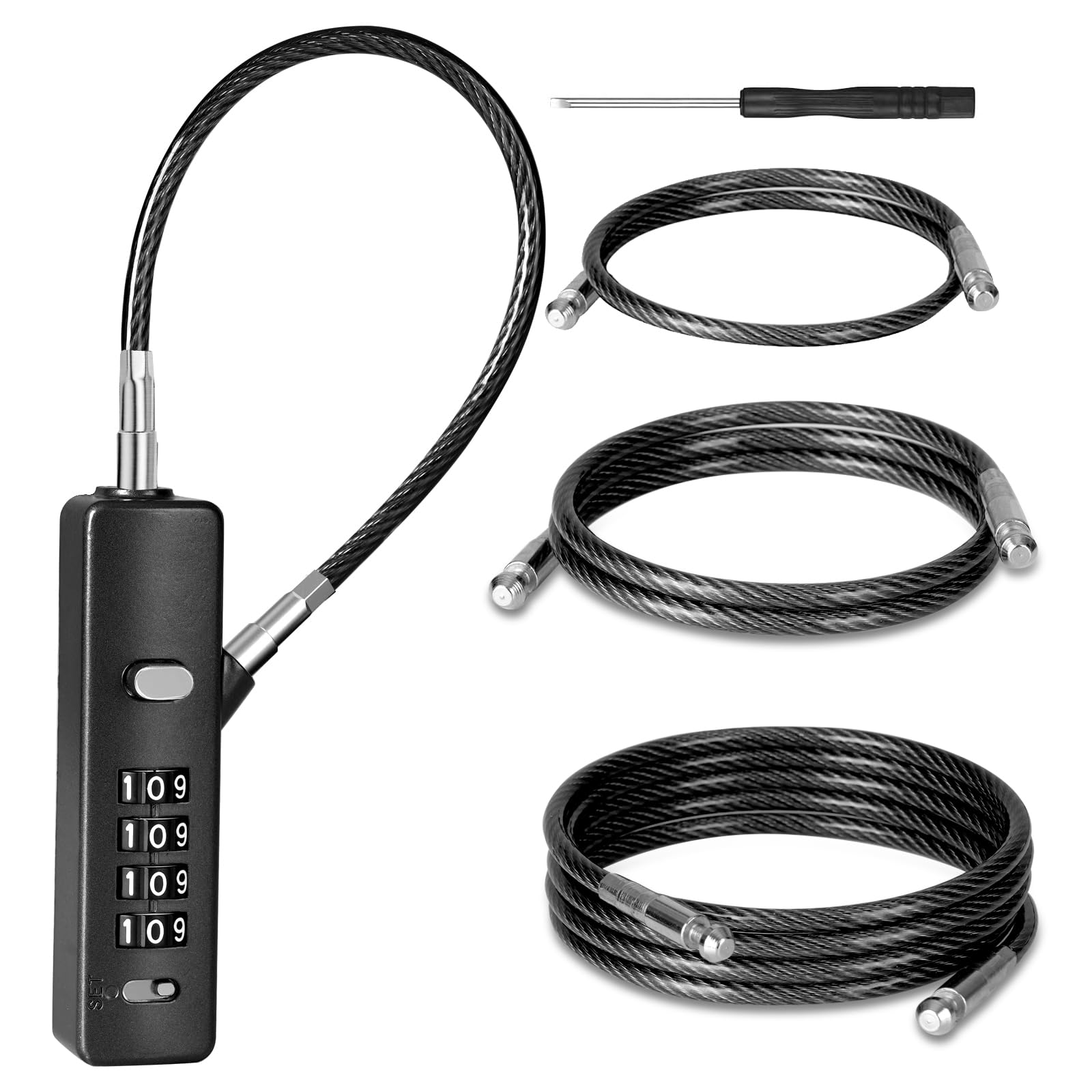 DELSWIN Cable Locks with Combination, 4-Digit Gate Lock with 3 Steel Ropes (9'' /23.6'' /47.2''), Security Cable Lock for Luggage,Helmet,Gym Locker,
