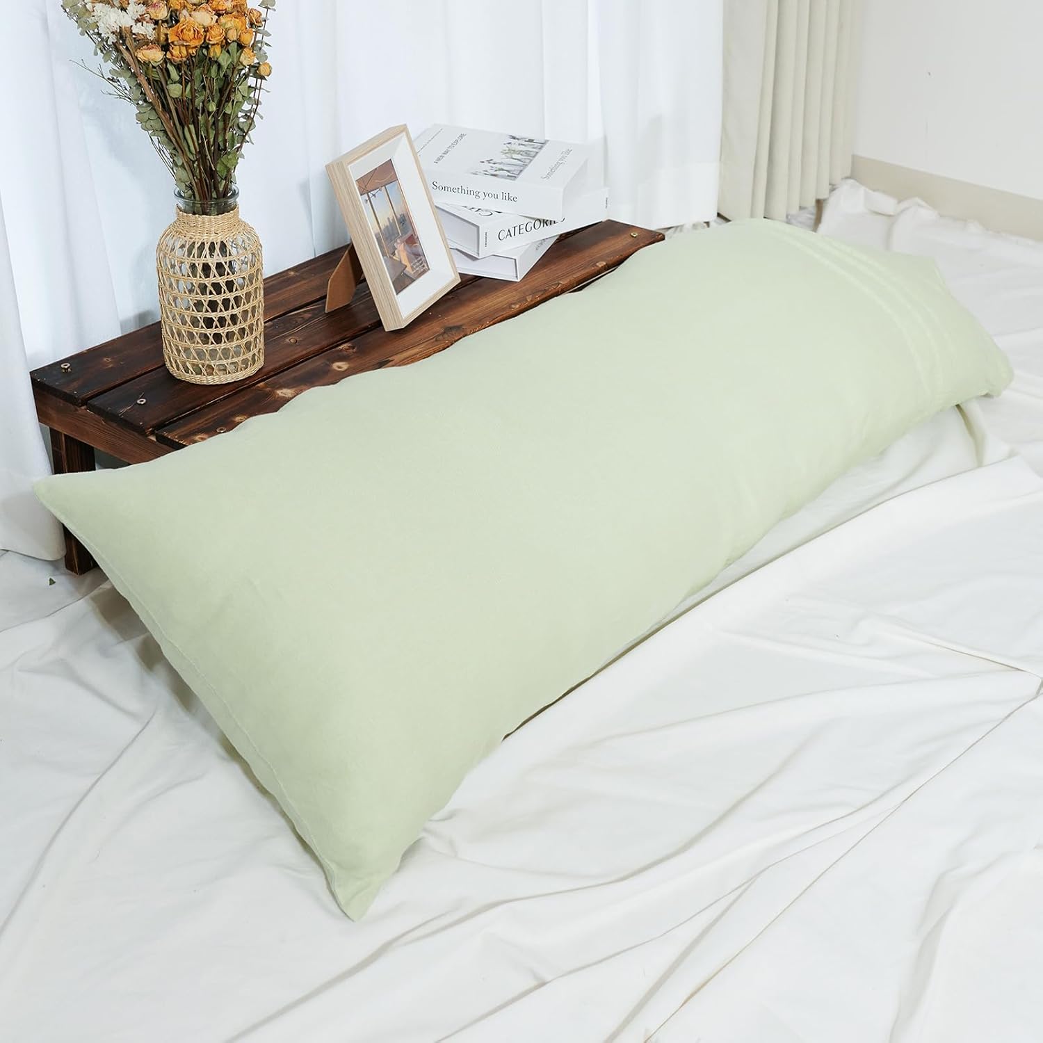 100% Pure Linen Body Pillow Cover 20" x 54" inches,Pillowcase Super Soft and Breathable,Decorative Long Pillow Case with Envelope Closure for Bed (Green)