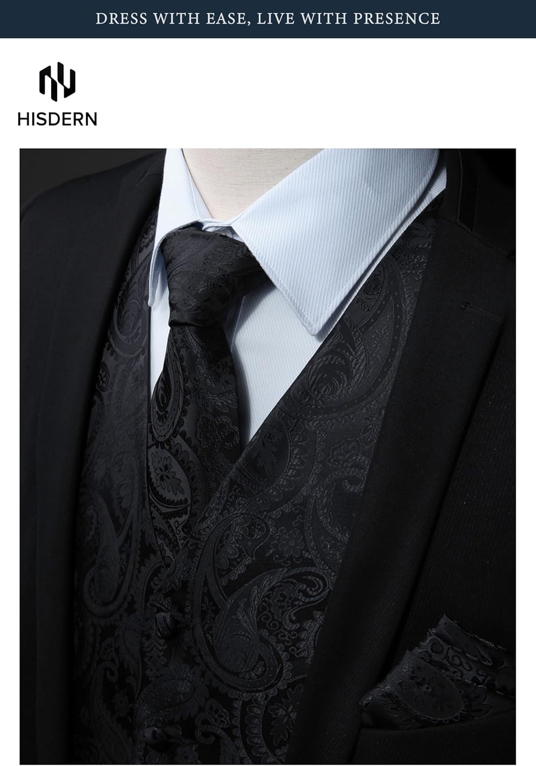 HISDERN Mens Vest Tie Set 3PC Formal Waistcoat Paisley Floral Jacquard Necktie Pocket Square Suit Vests Wedding Party - Image 4