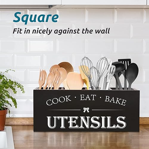 Miniatura 5 de Suli Soporte extra grande para utensilios de cocina con 4 compartimentos, organizador de utensilios de madera para encimera de cocina, decoración de