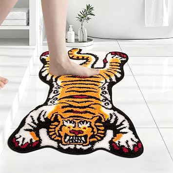 Tibetan Tiger Bath Mat for Bathroom,Orange Yellow Tiger Bathroom Rugs Non-Slip Funky Animal Shaped Area Rugs Soft Tufted Absorbent Washable Carpet for Bedroom Living Room Decor,24x40 Inch