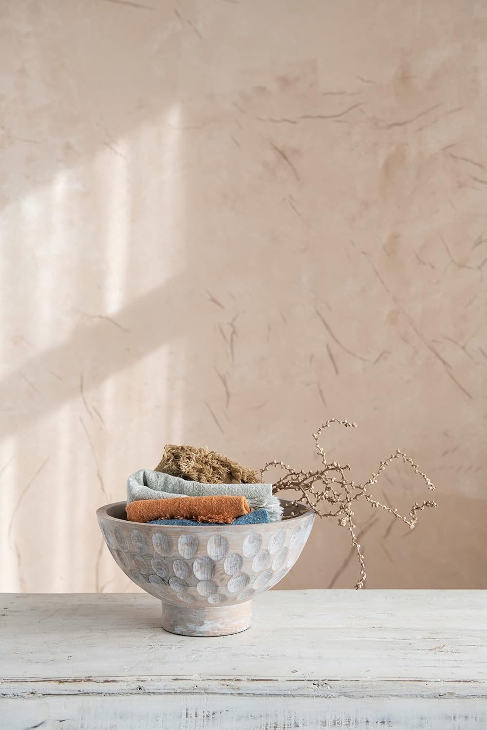 Creative Co-Op Mango Wood Footed Carved Circle Accents and Whitewashed Finish Bowl