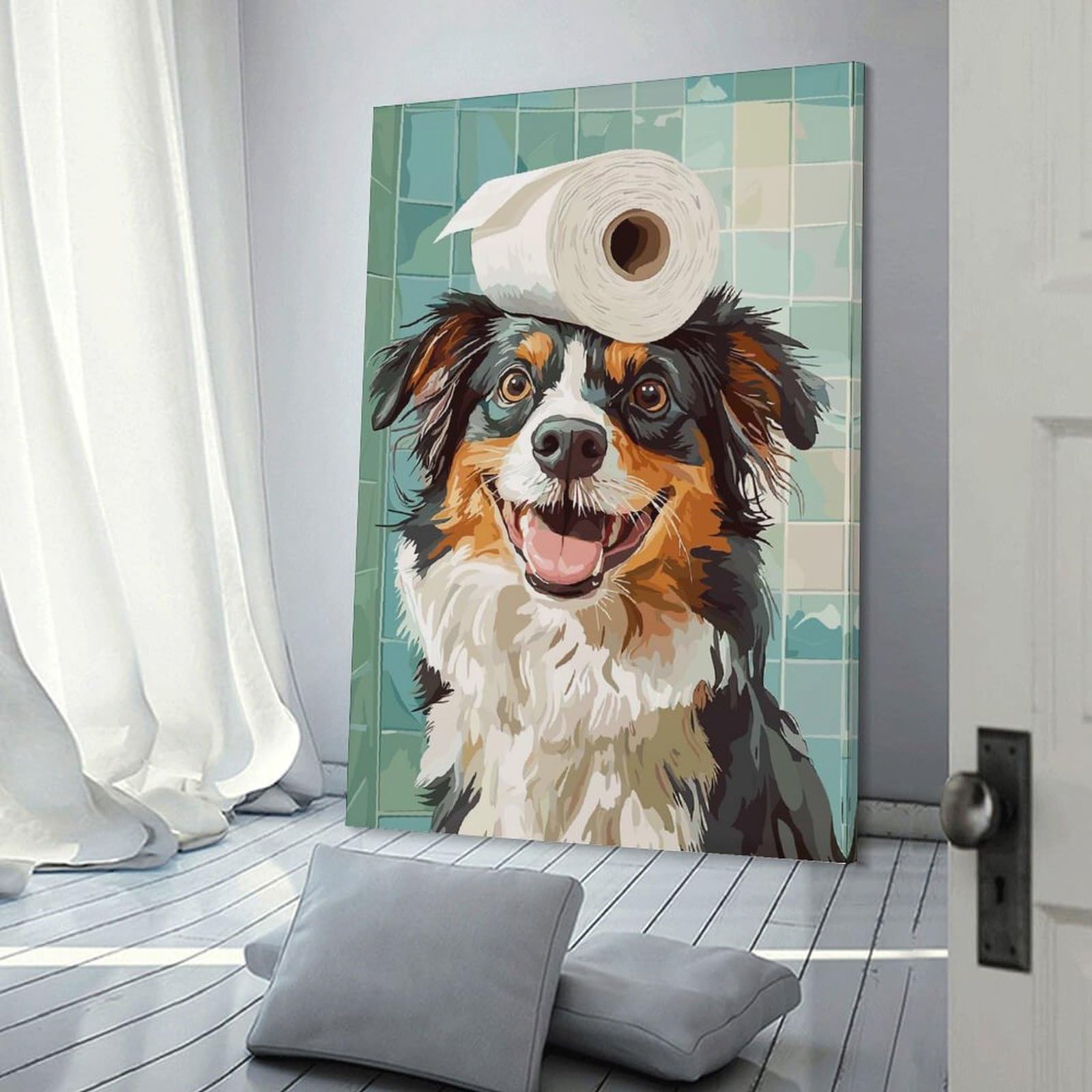 Junmoney Canvas Wall Picture Dog with Toilet Paper on Head, 20x30inch(50x75cm), for Home Lounge, Bedroom Or Reading Nook, A Home Accent with Warm Character