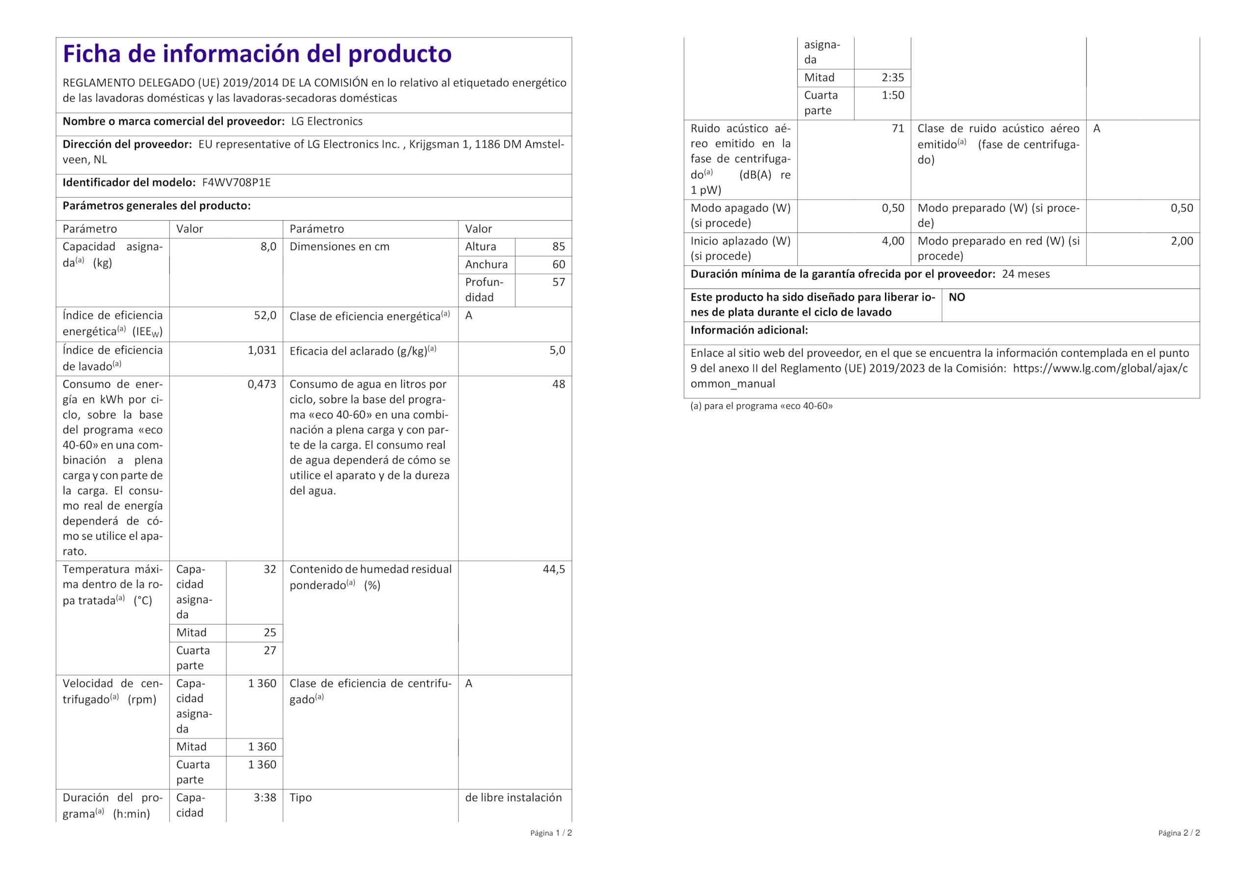 LG F4WV708P1E Waschmaschine 8 kg Energieklasse A 1400 U/Min AI DD TurboWash 360° Touchdisplay Weiß