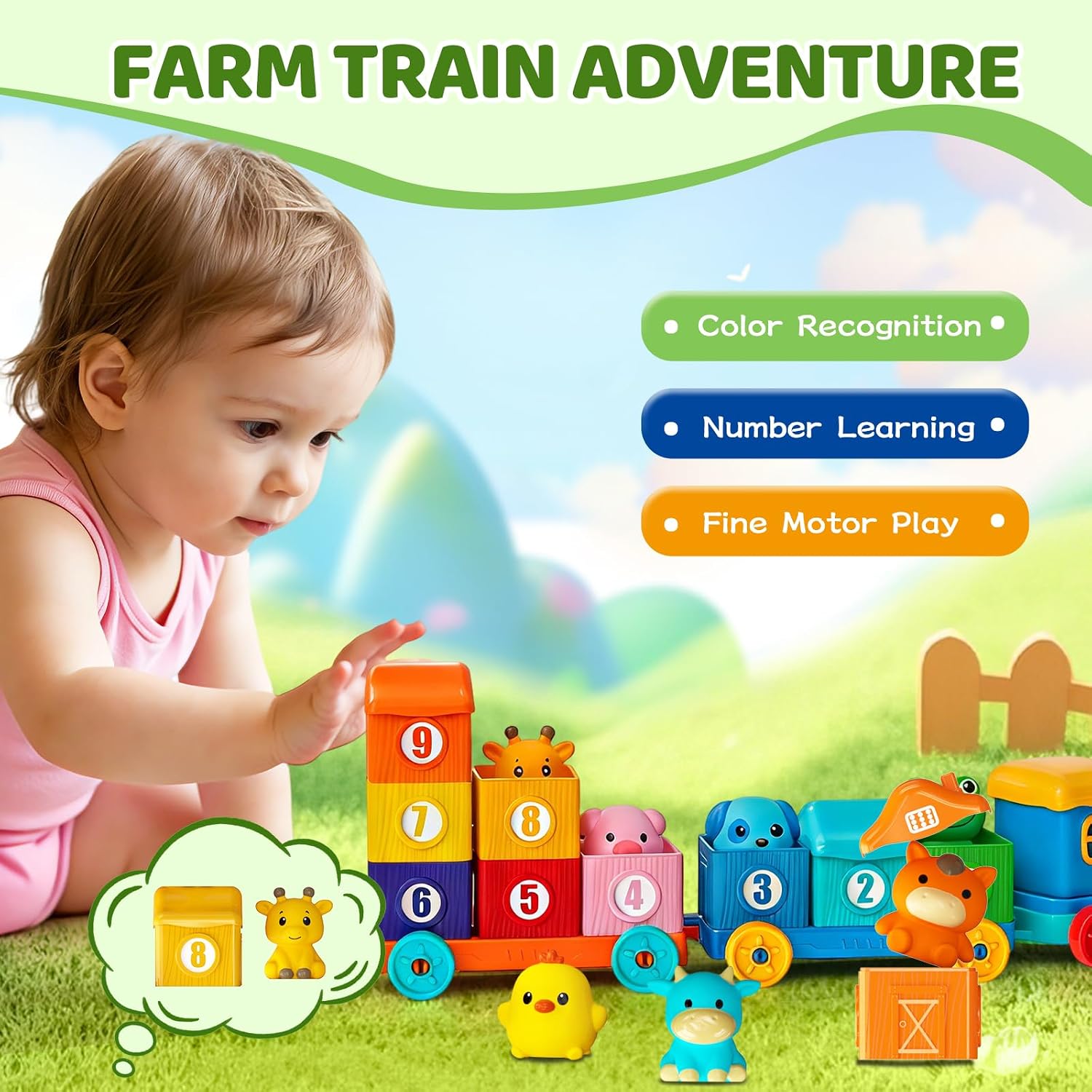 Toddler Learning Toys for 1 2 3 Year Old, Counting Matching & Sorting Montessori Train Set with 9 Farm Animals Finger Puppets, Birthday Gift for Baby Boys Girls